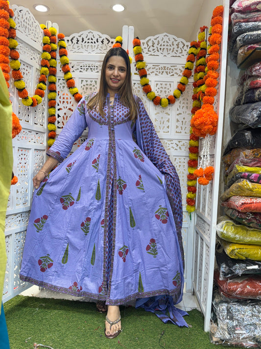 Cotton Light Purple Anarkali 3pc Set
