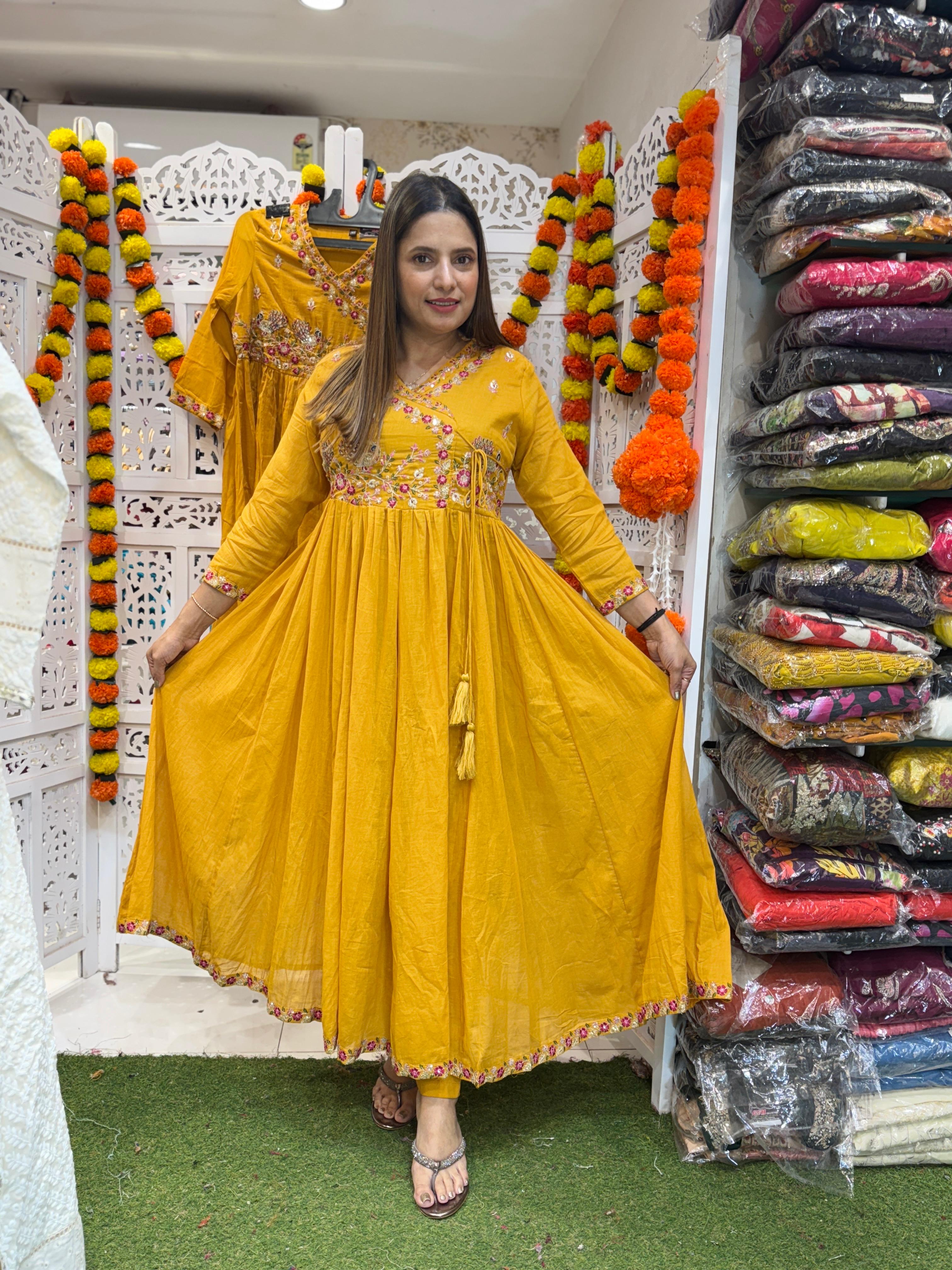 Mull Cotton Yellow Anarkali 3pc Set