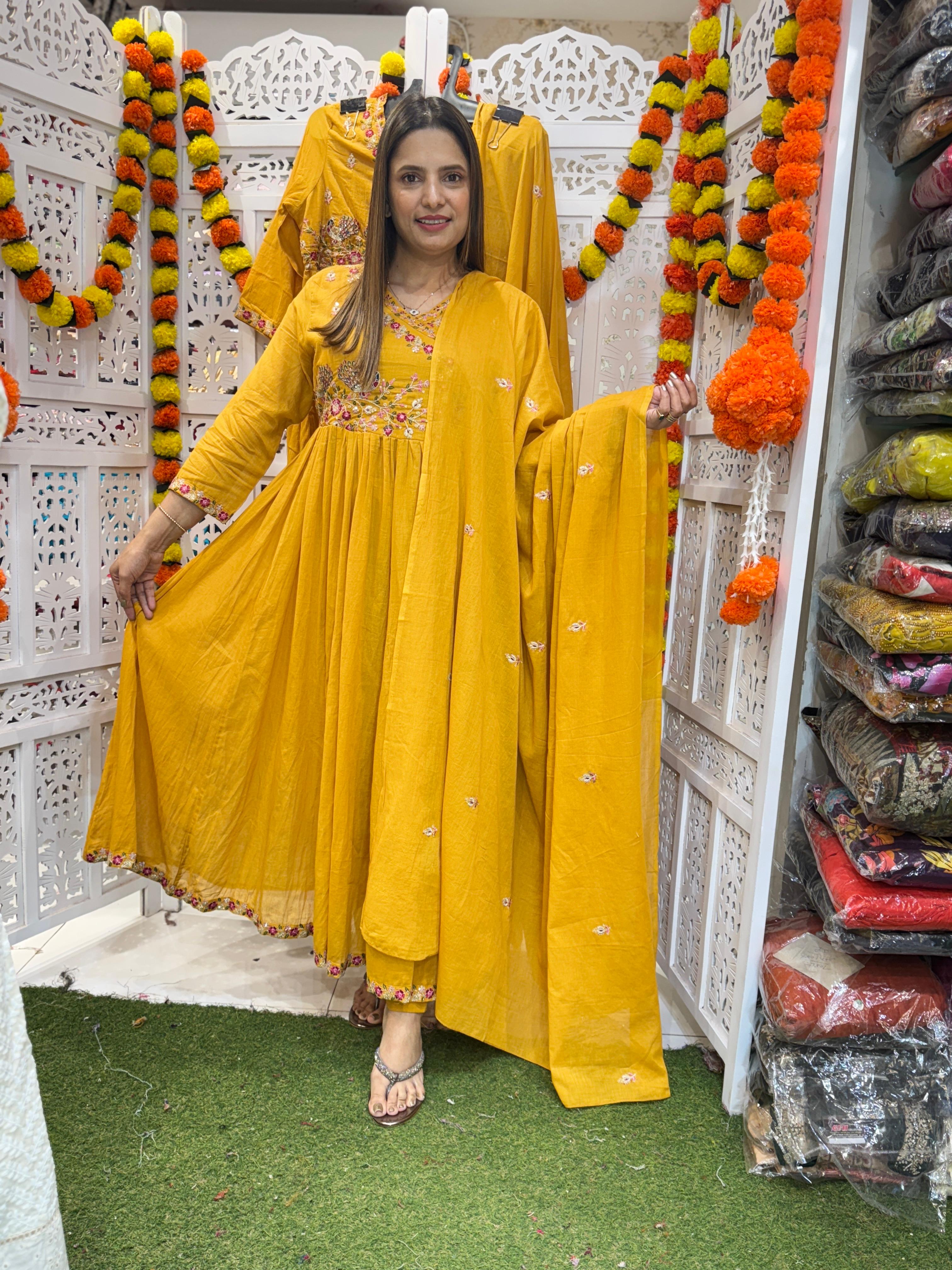 Mull Cotton Yellow Anarkali 3pc Set