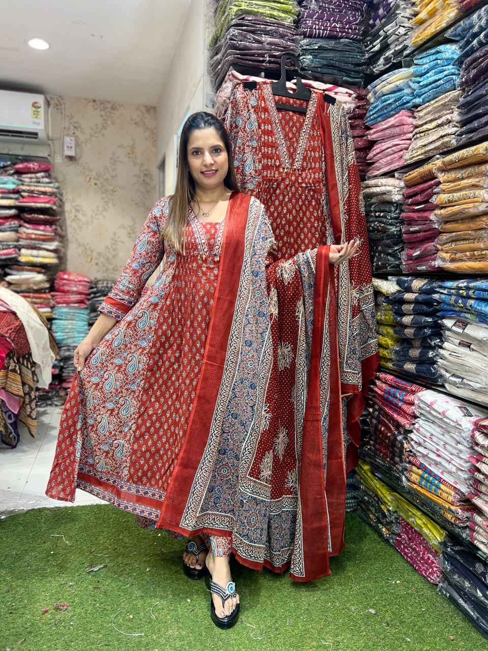 Cotton Maroon Anarkali 3pc Set