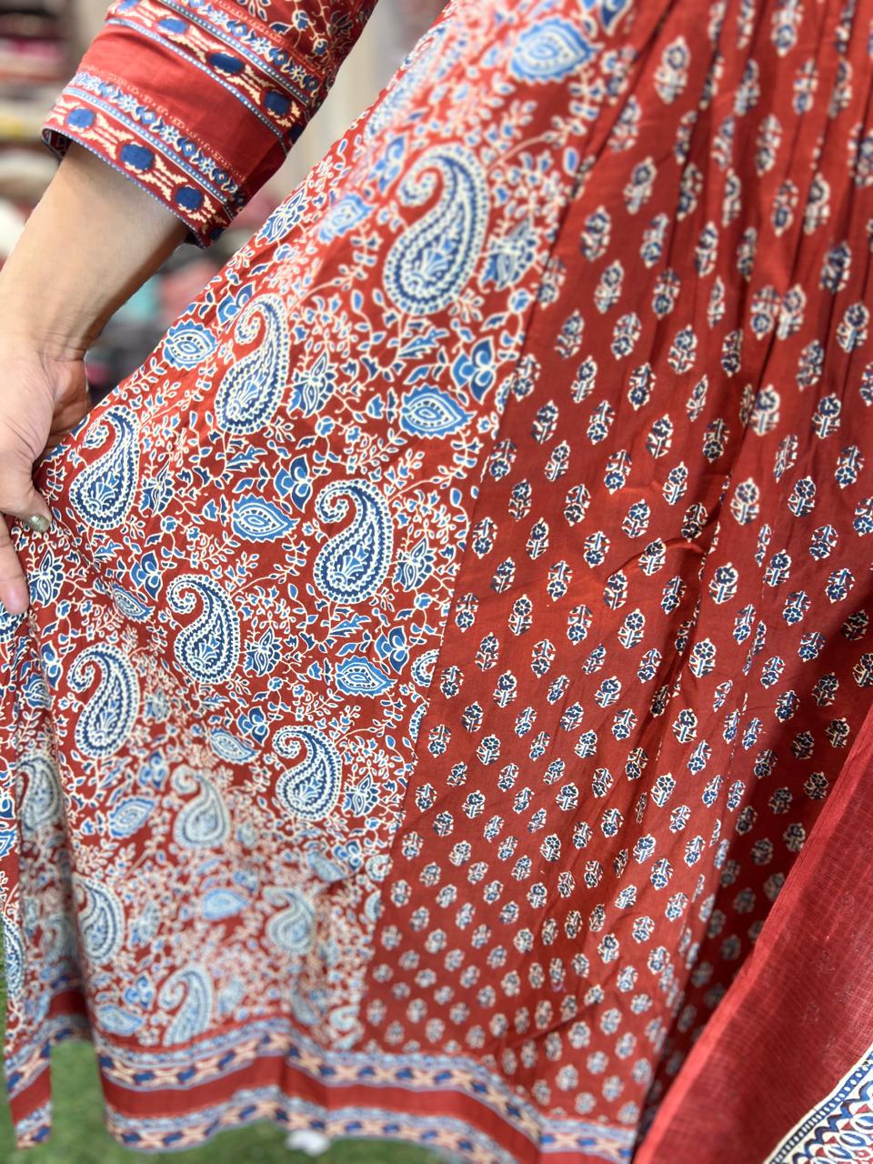 Cotton Maroon Anarkali 3pc Set