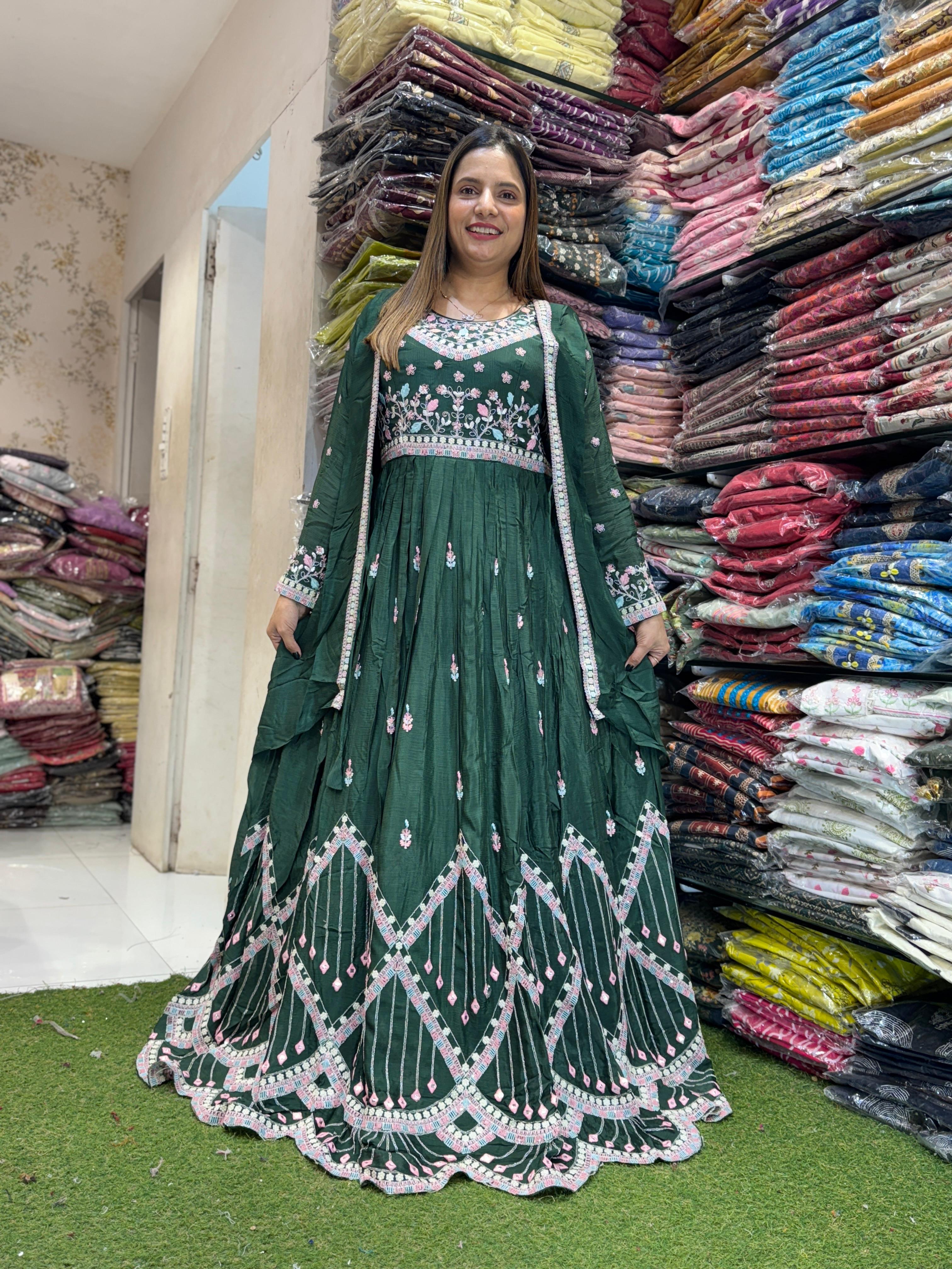 Pure Chinon Thread Work Party Wear Gown Bottole Green Color