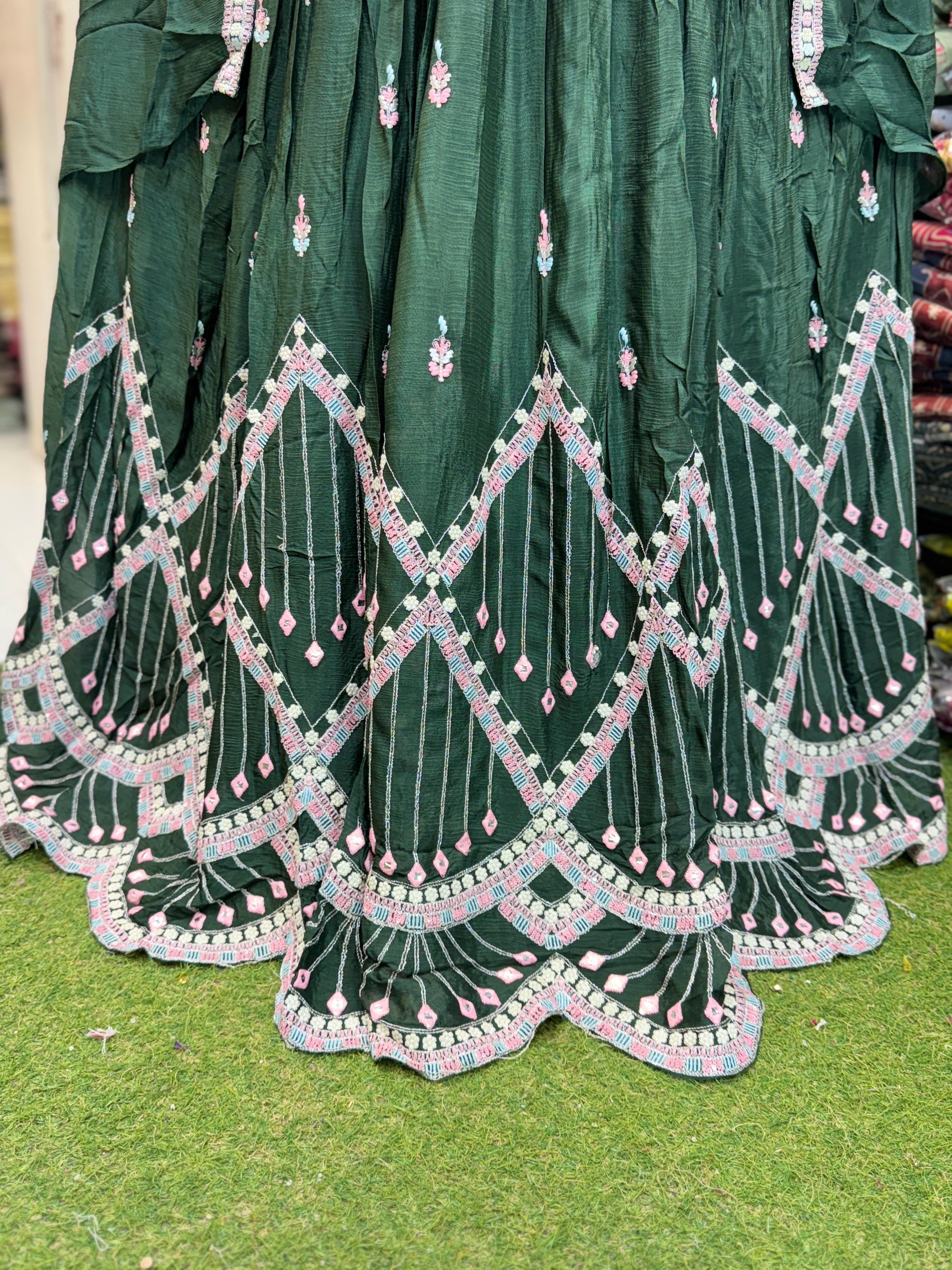 Pure Chinon Thread Work Party Wear Gown Bottole Green Color