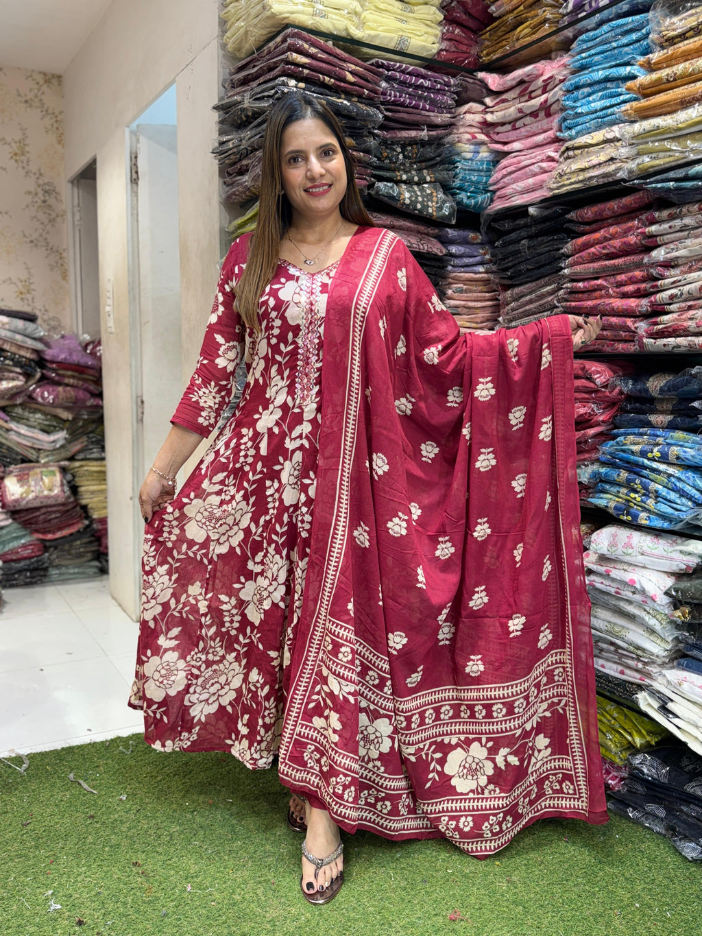 Mull Cotton Anarkali Maroon 3pc Set