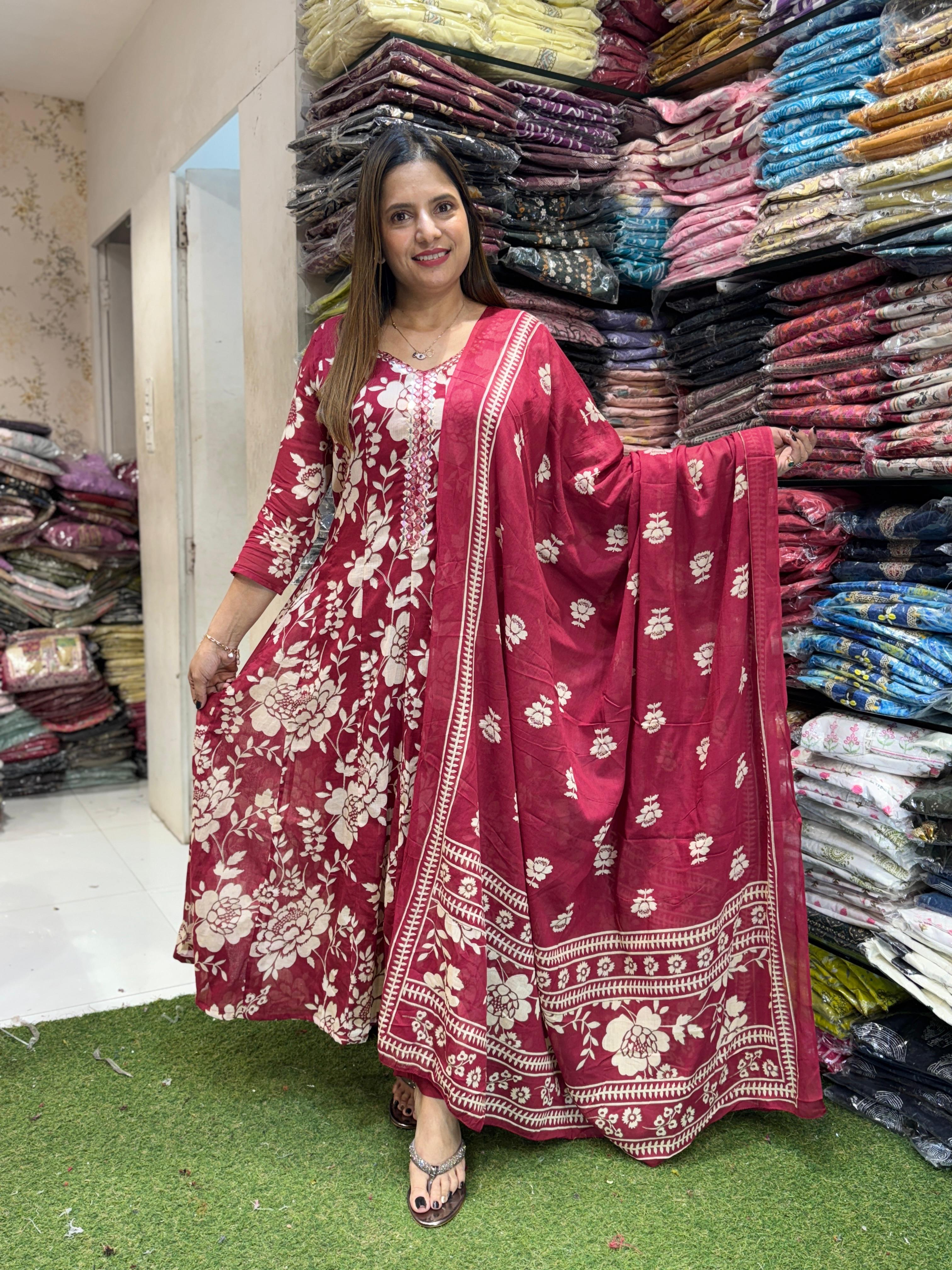 Mull Cotton Anarkali Maroon 3pc Set