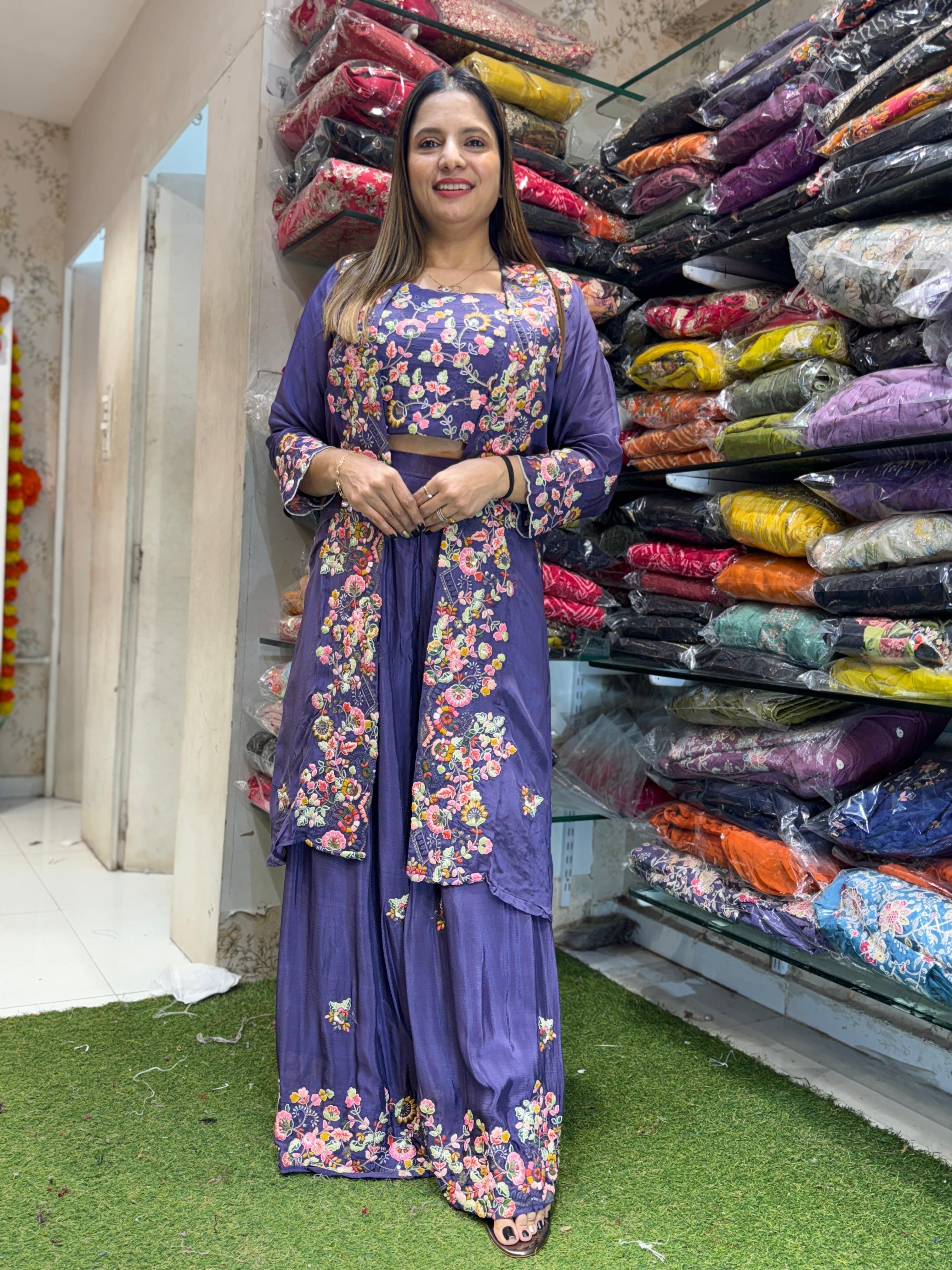 Pure Chinon Lahenga Thread Work Pastle Purple Color