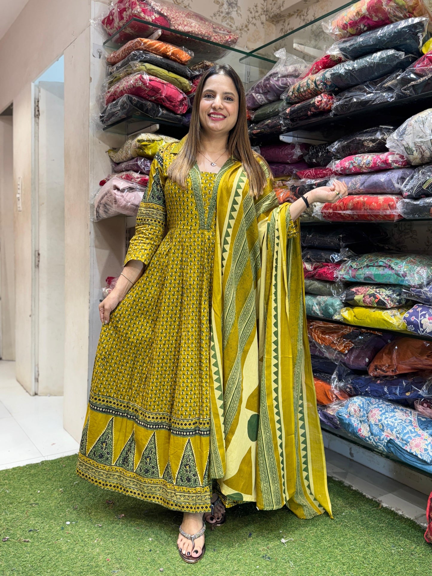 Cotton Yellow Anarkali 3pc Set