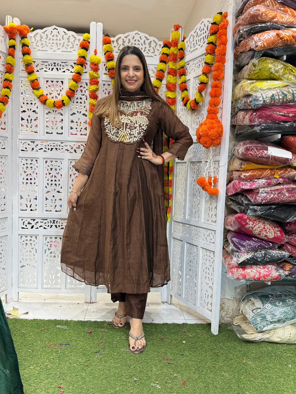 Banaras Mull Chanderi Brown 3pc Set