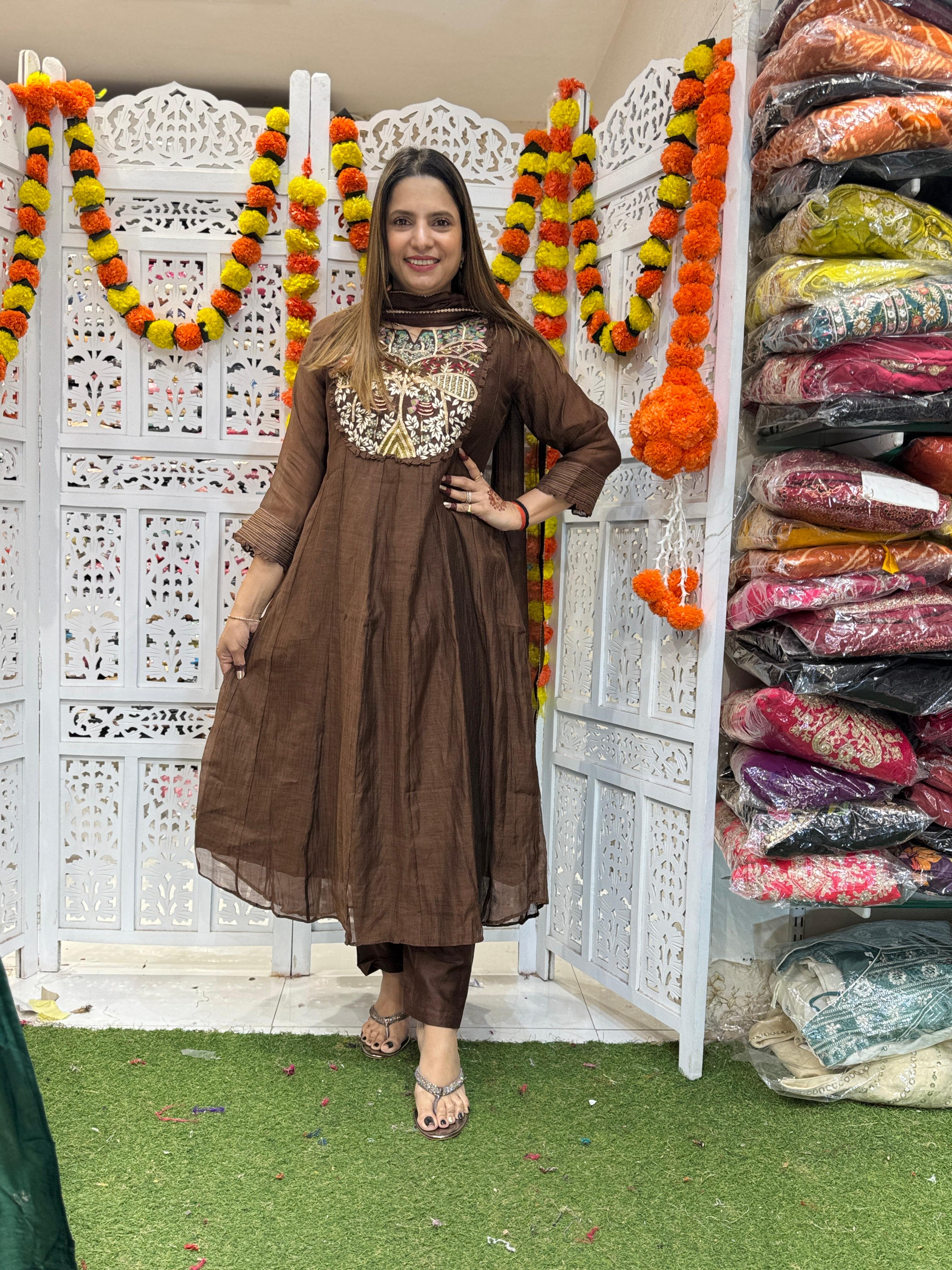 Banaras Mull Chanderi Brown 3pc Set