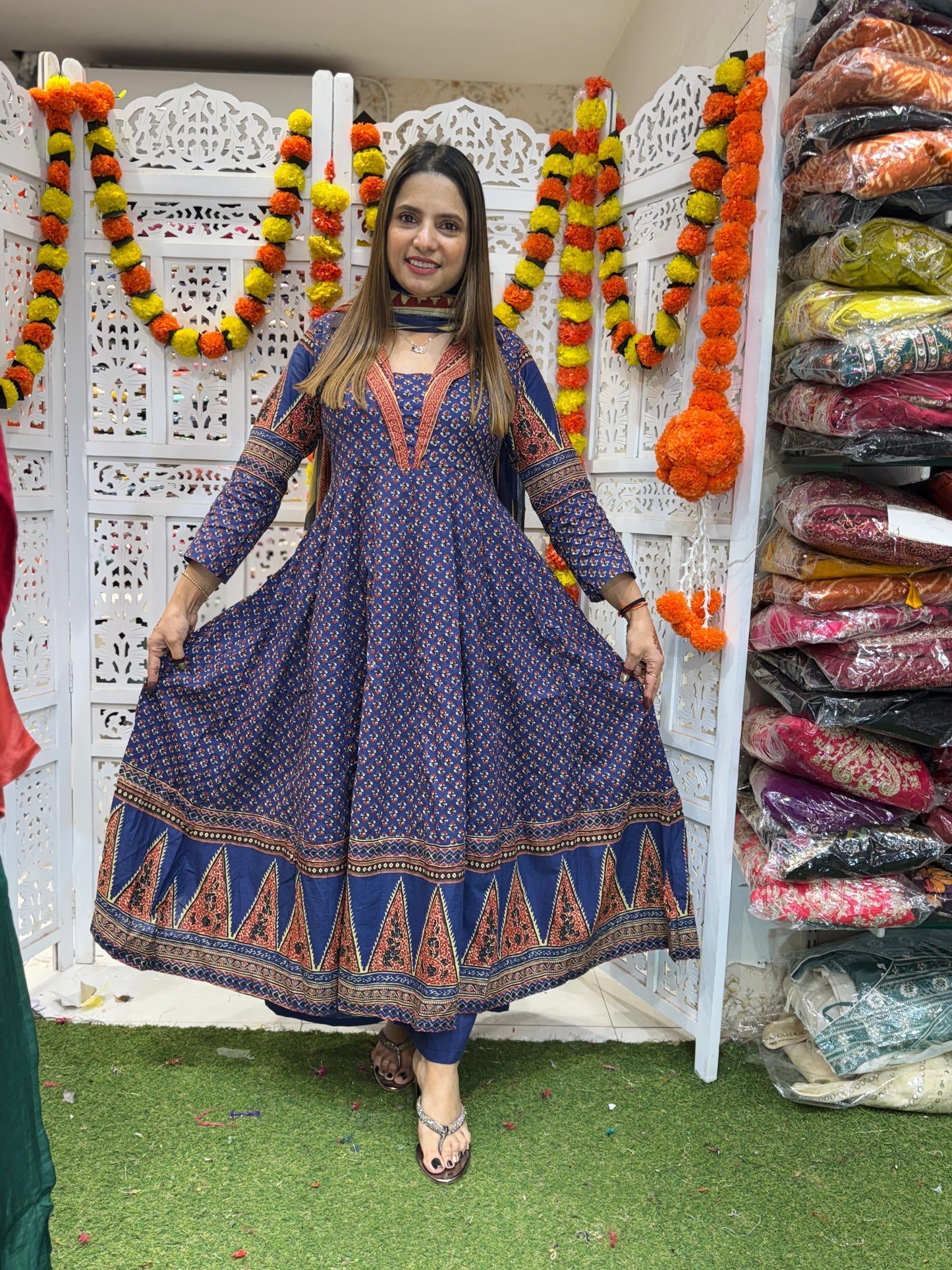 Cotton Blue Anarkali 3pc Set