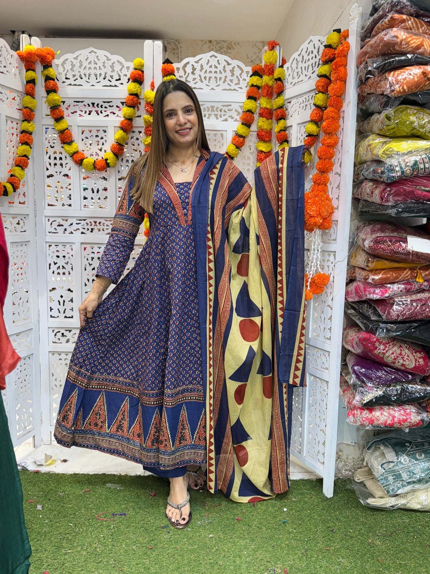 Cotton Blue Anarkali 3pc Set