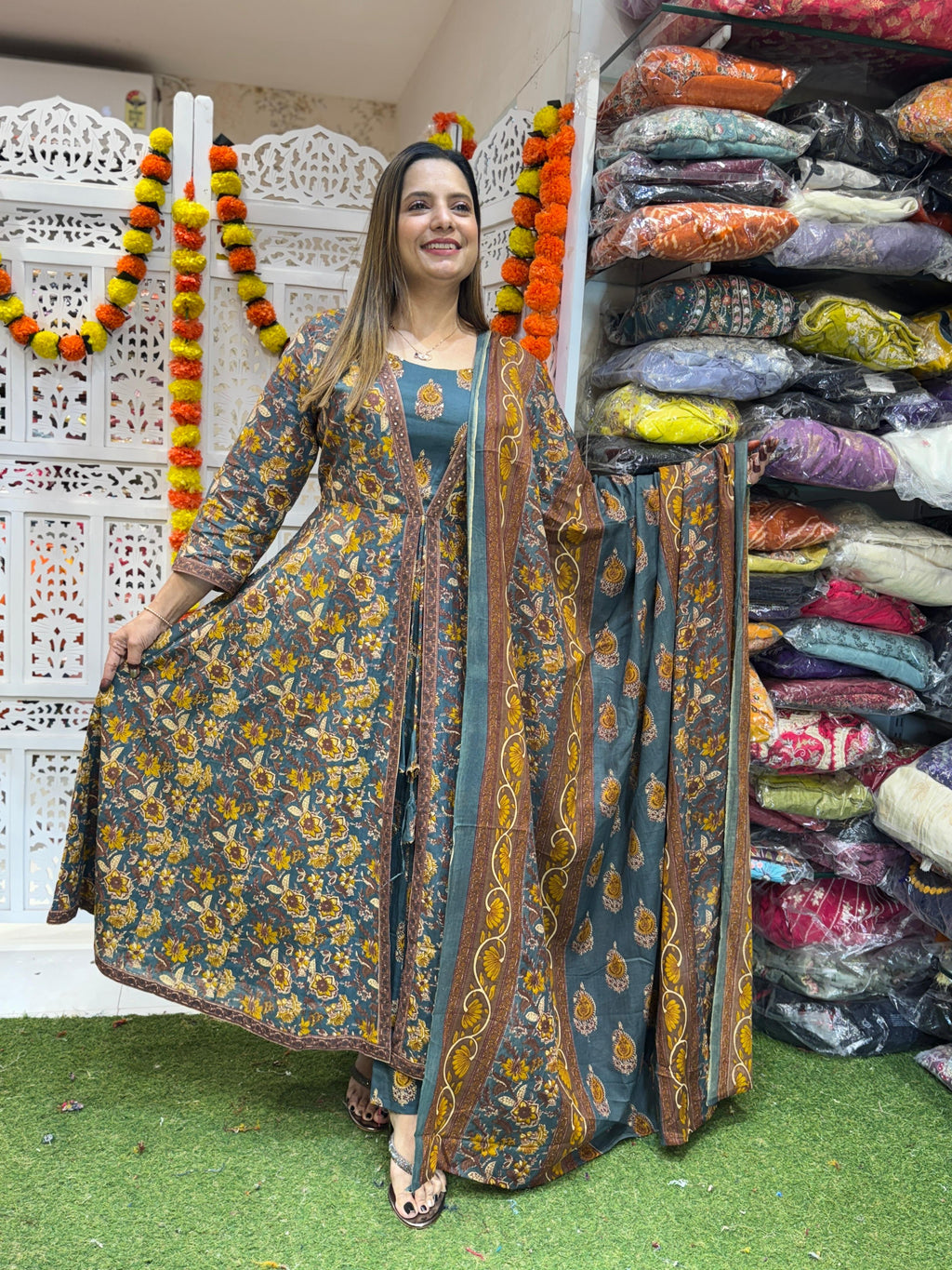 Cotton Gray Anarkali 3pc Set