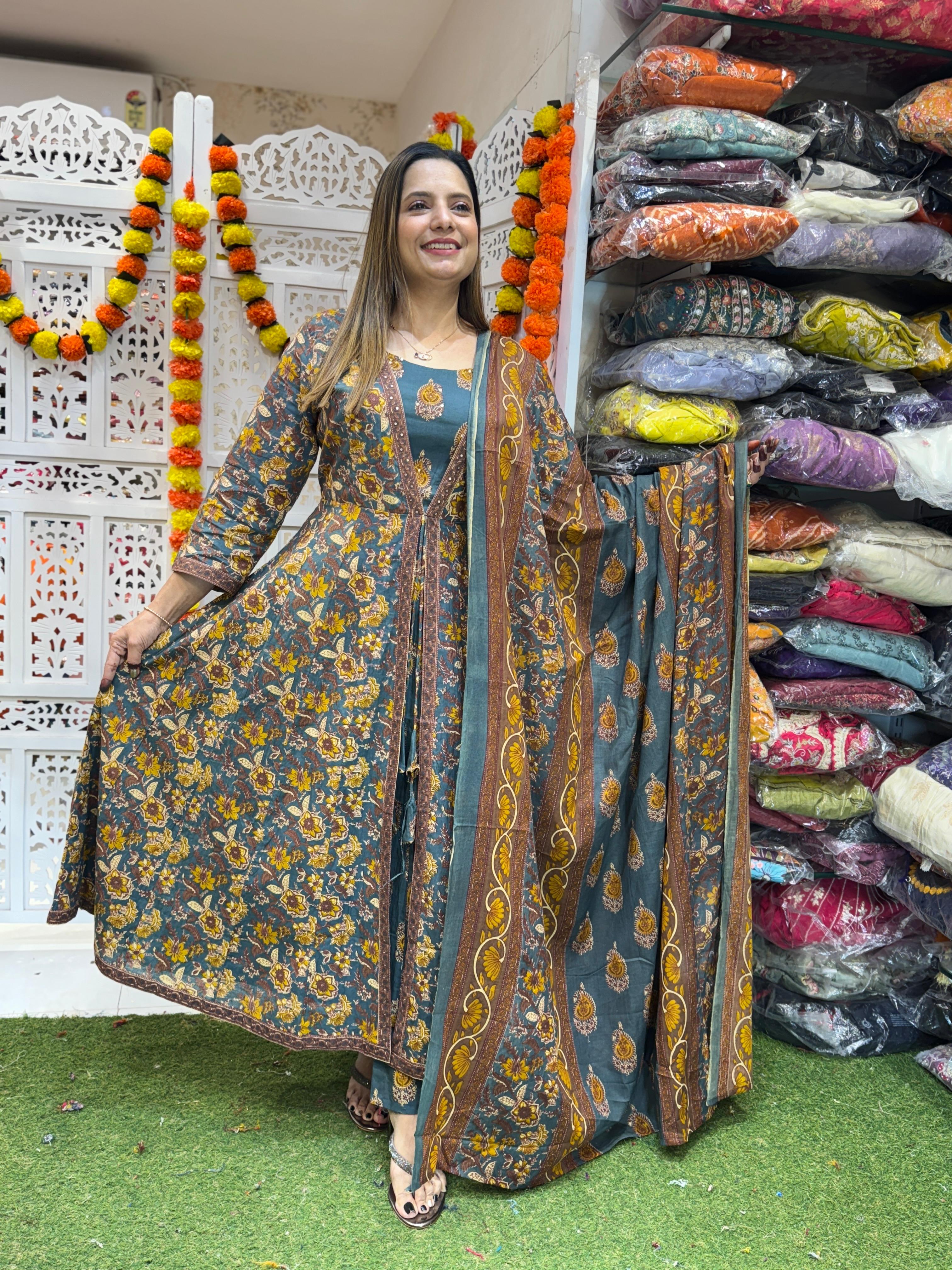 Cotton Gray Anarkali 3pc Set