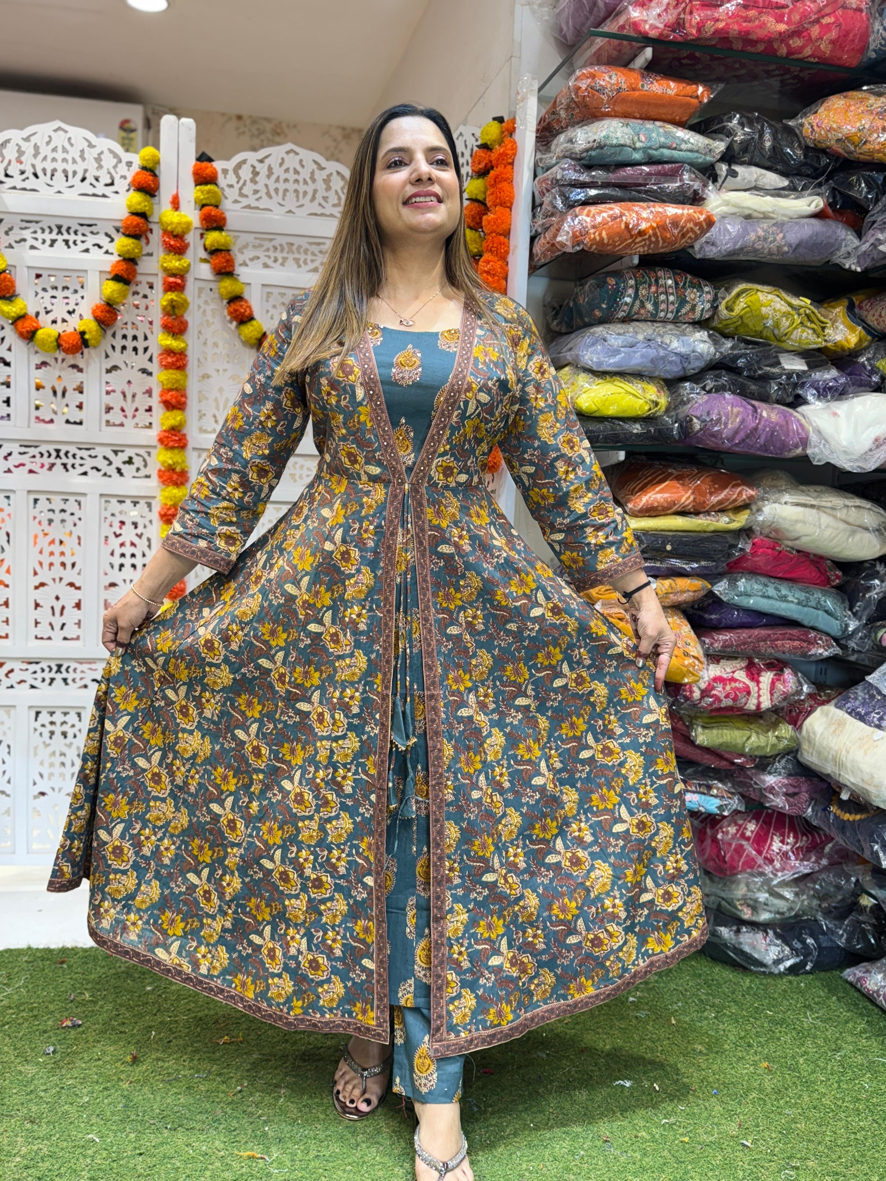 Cotton Gray Anarkali 3pc Set