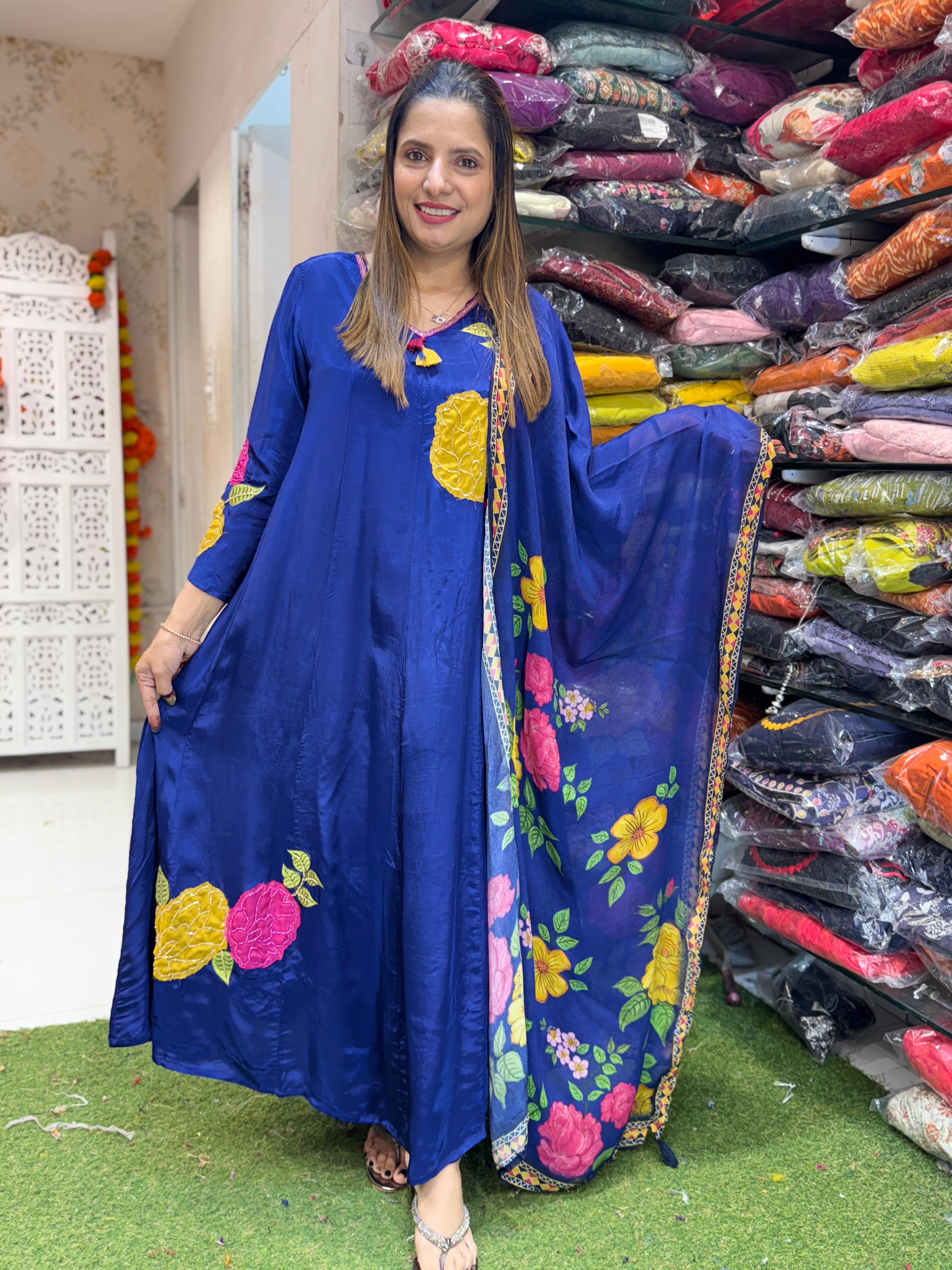 Crep Blue Shoulder Anarkali 3pc Set