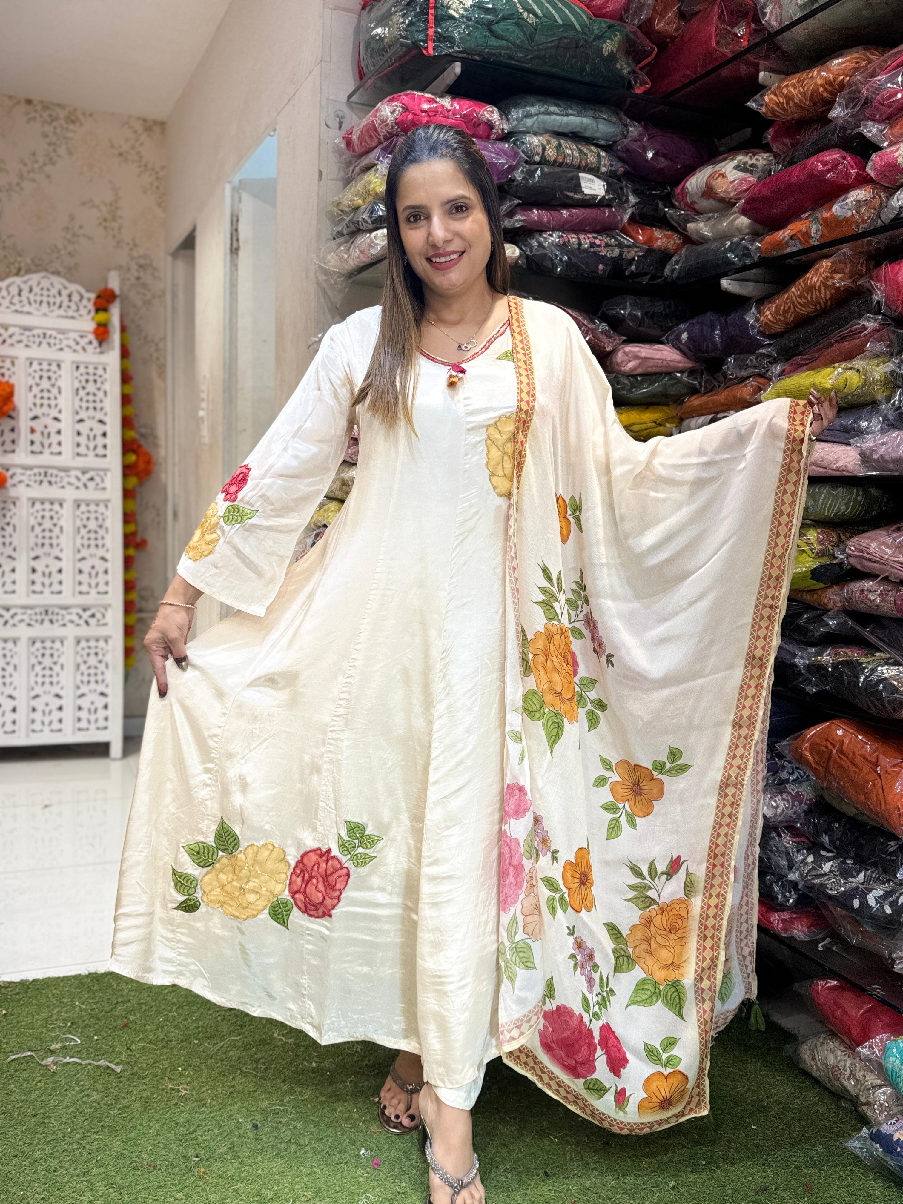 Crep Cream Shoulder Anarkali 3pc Set