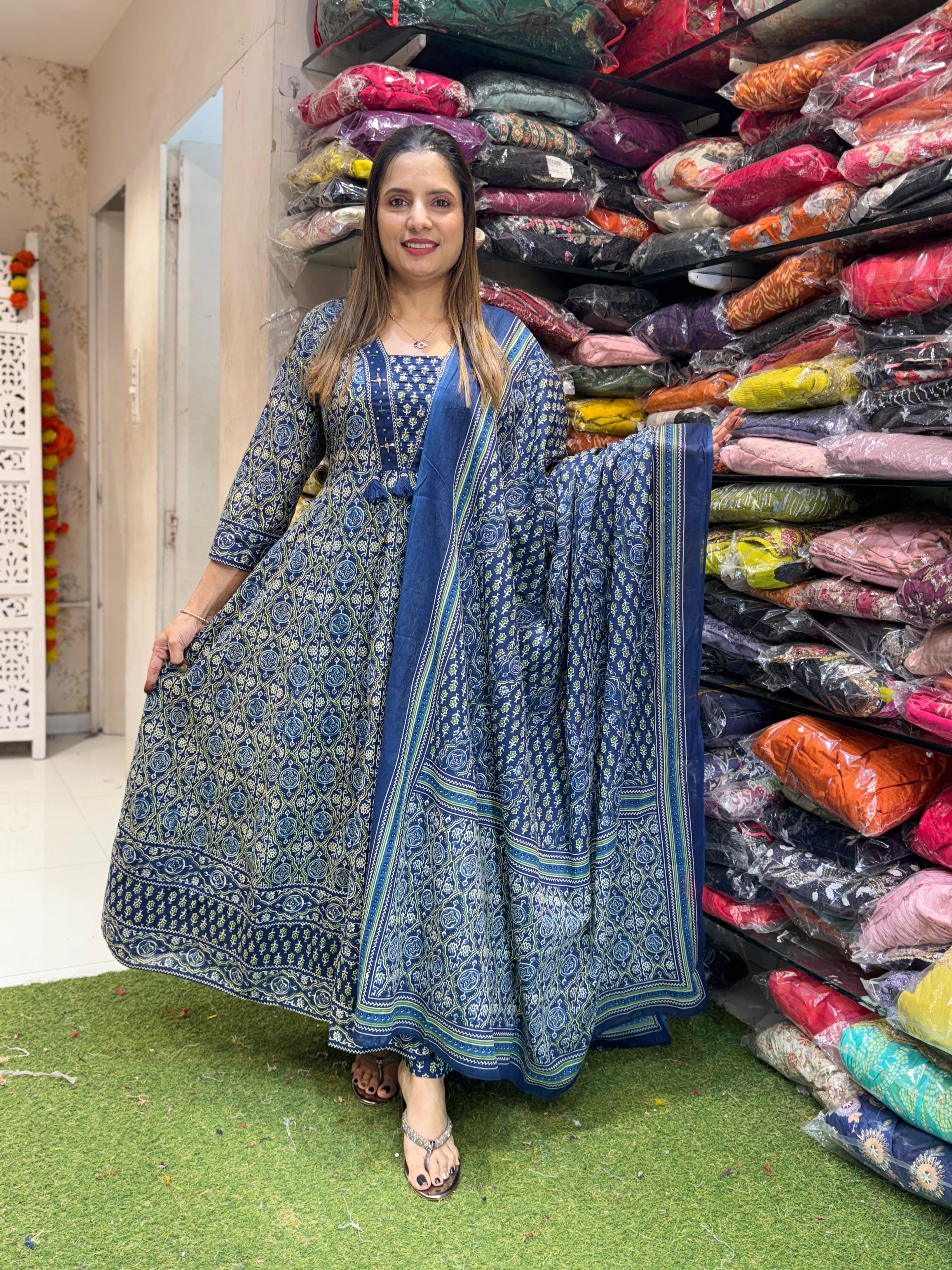 Jaipuri Cotton Anarkali Blue 3pc Set