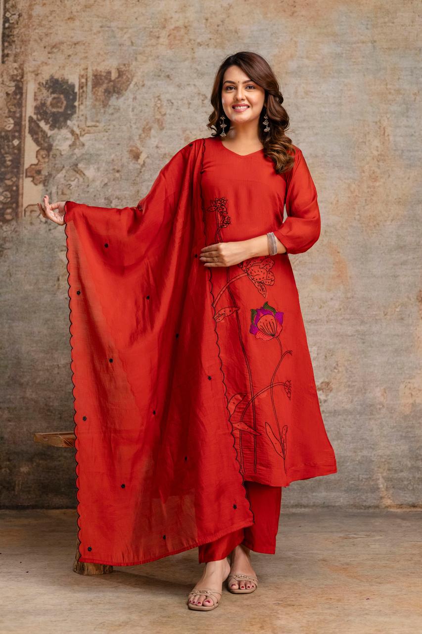Mull Chanderi Orange 3pc Set