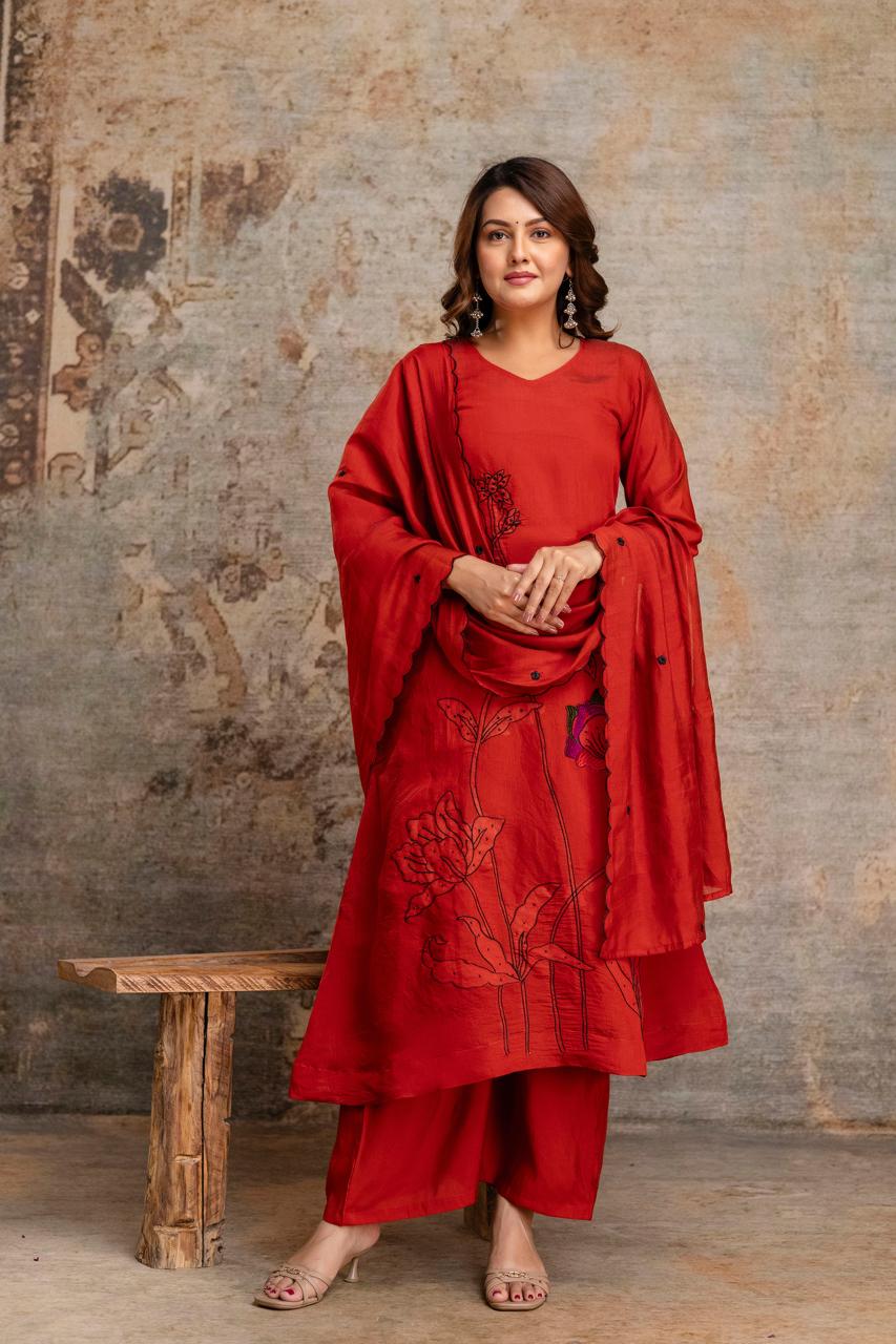 Mull Chanderi Orange 3pc Set