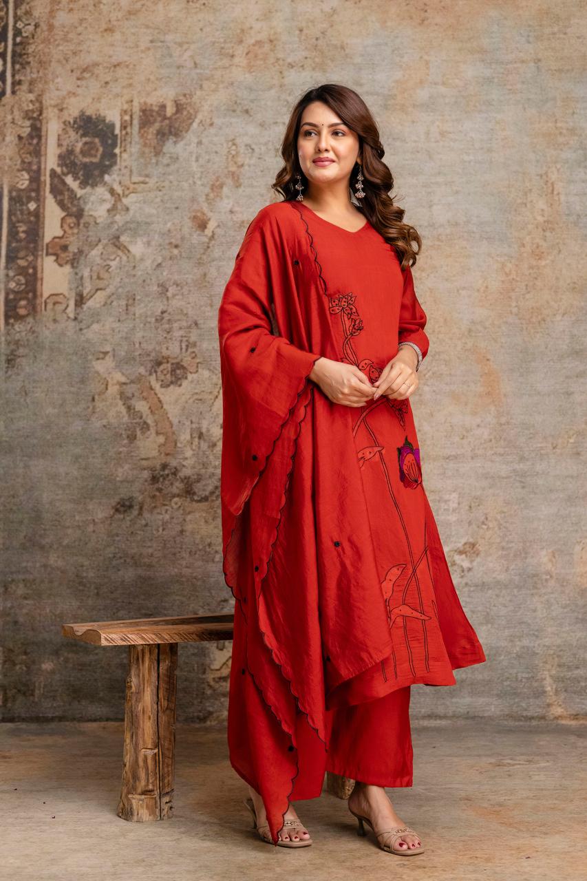 Mull Chanderi Orange 3pc Set
