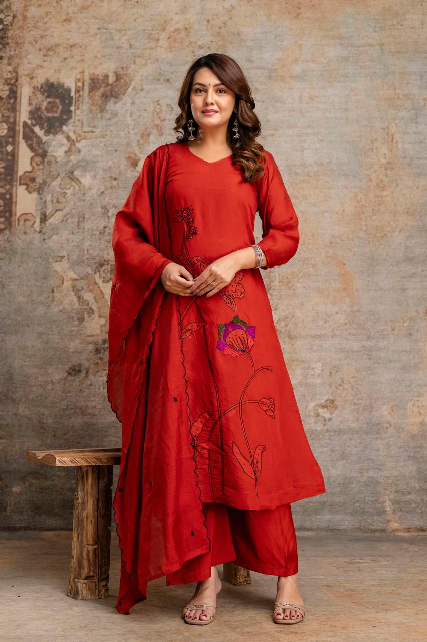 Mull Chanderi Orange 3pc Set