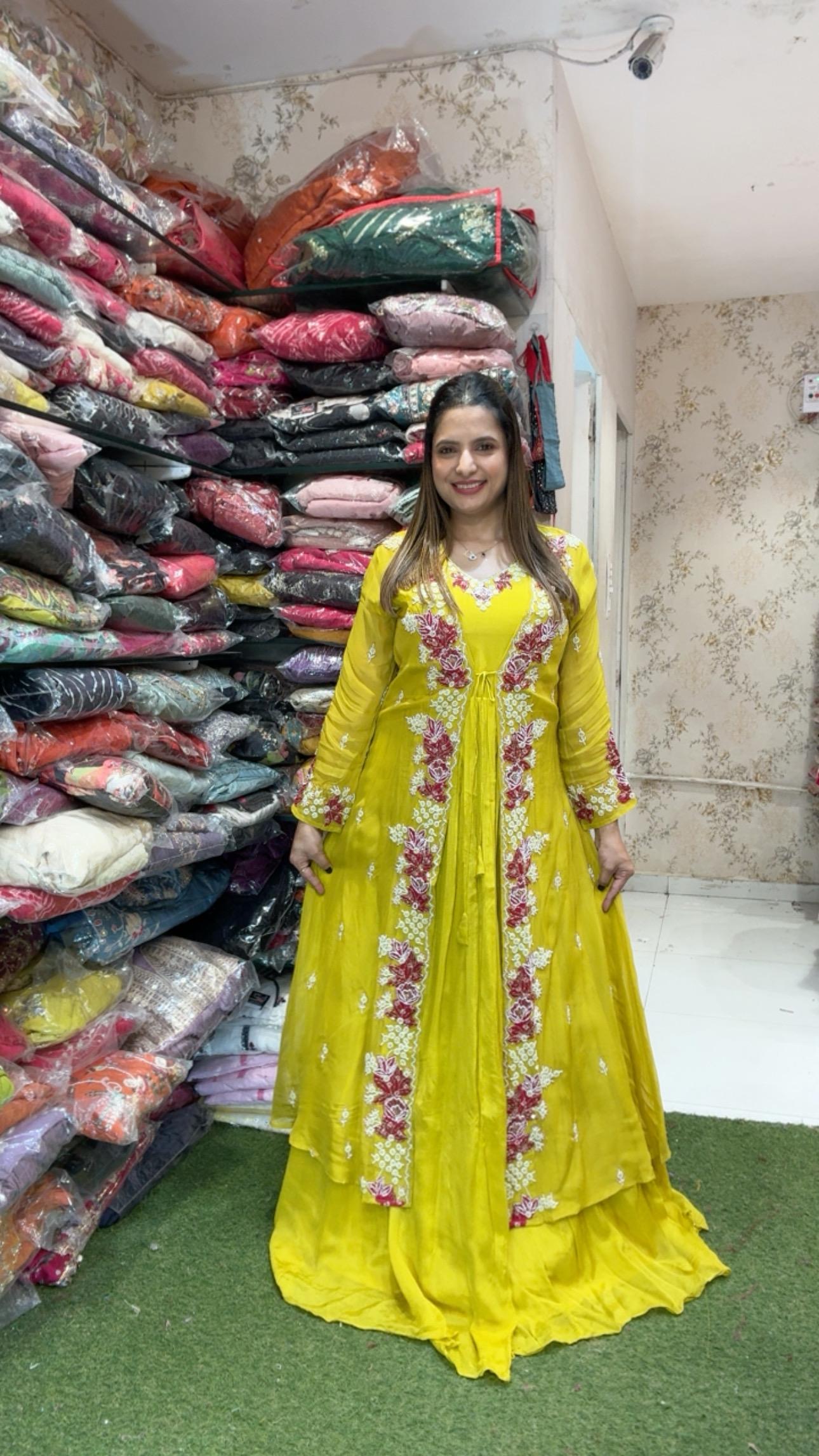 Pure Chinon Handwork Gown Yellow Color