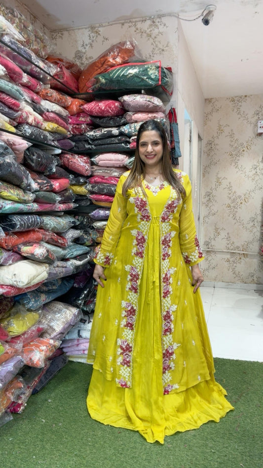 Pure Chinon Handwork Gown Yellow Color