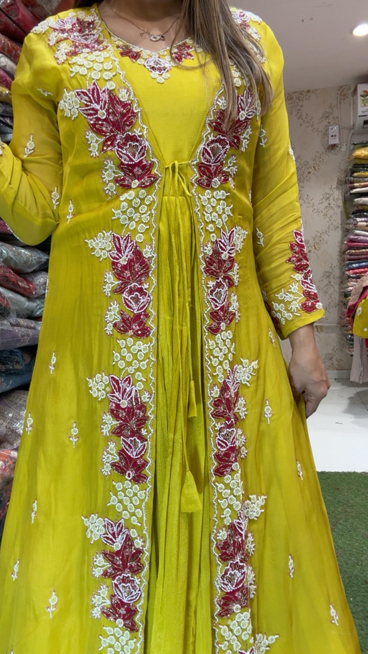 Pure Chinon Handwork Gown Yellow Color