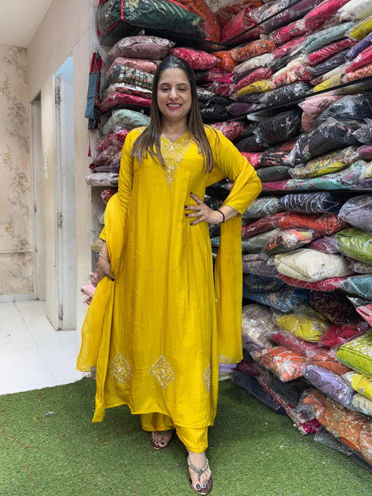 Dola Silk Yellow Anarkali 3pc Set