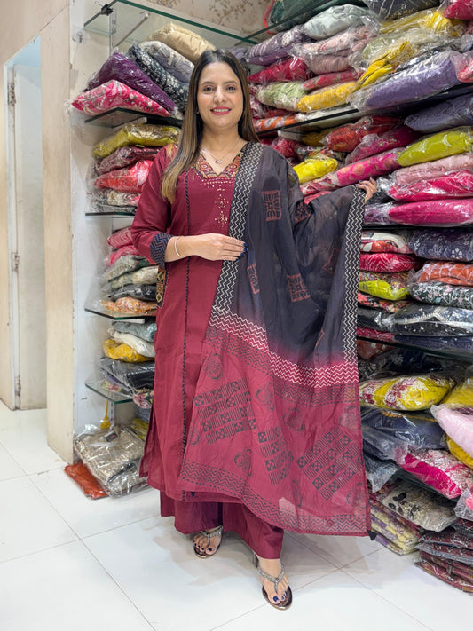 Mull Chanderi Maroon 3pc Set