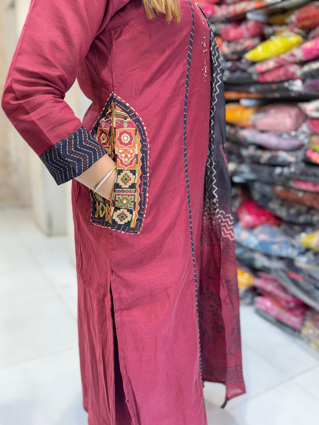 Mull Chanderi Maroon 3pc Set