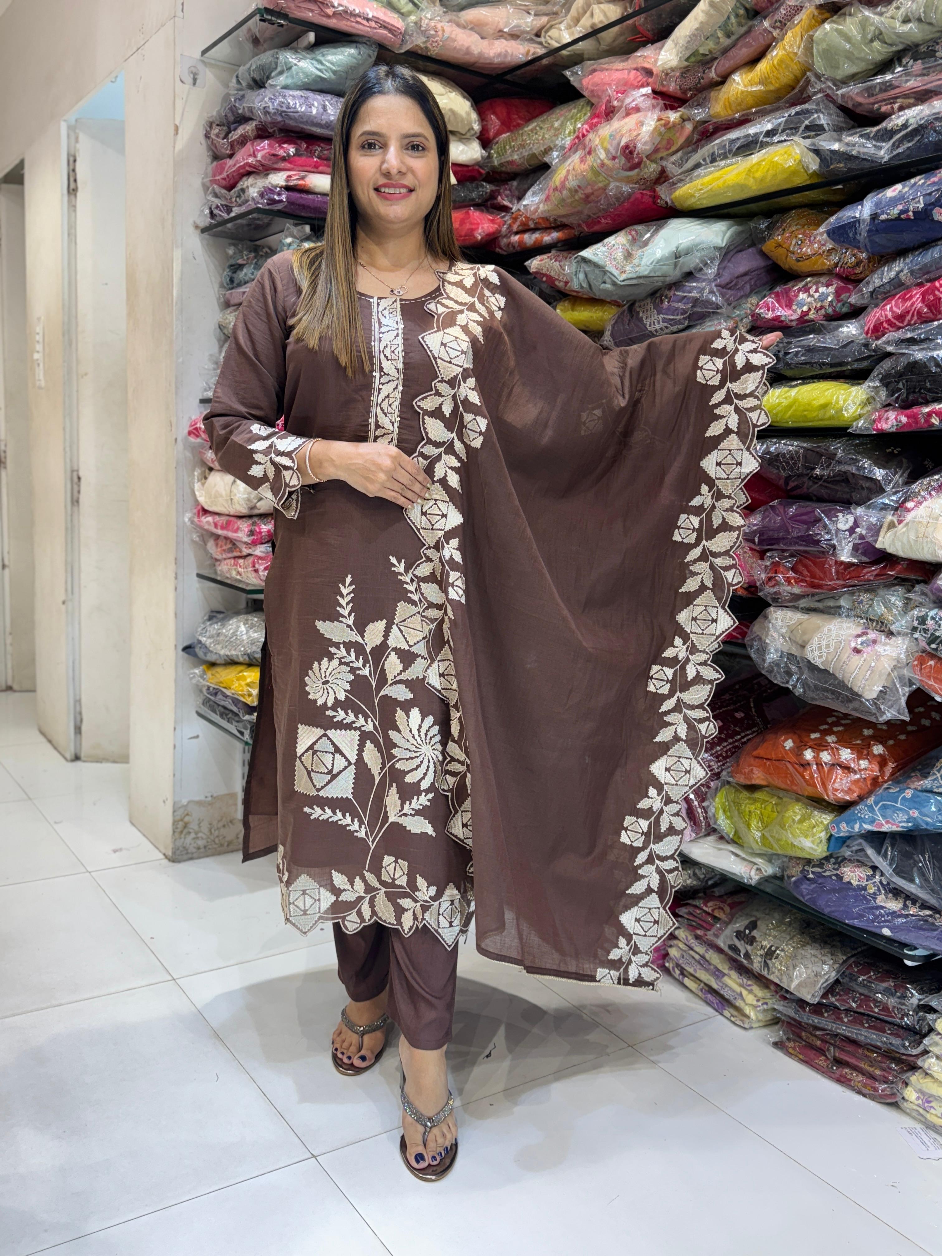 Mull Chanderi Brown 3pc Set