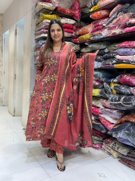 Cotton Almond Pink A Line Anarkali 3pc Set