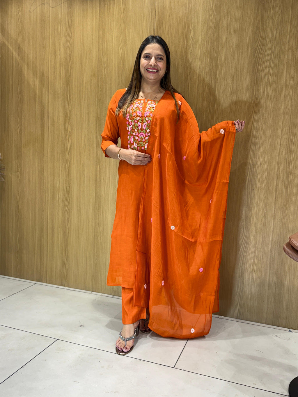 Mull Chanderi Orange 3pc Set