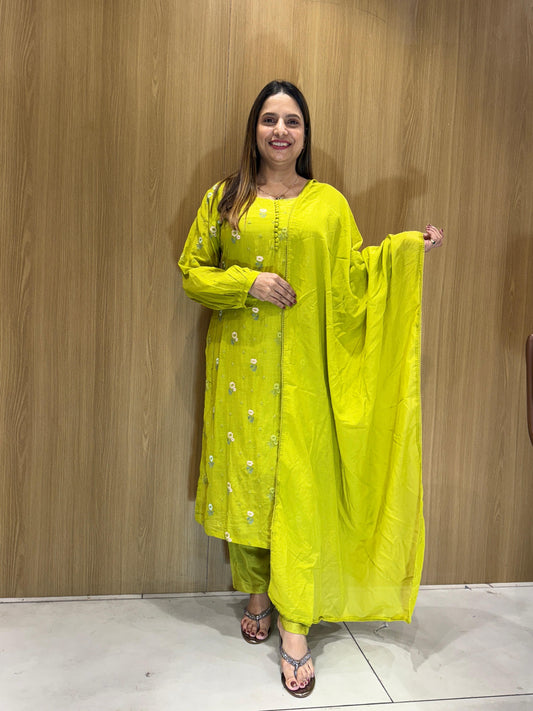 Banaras Mull Chanderi  Green 3pc Set