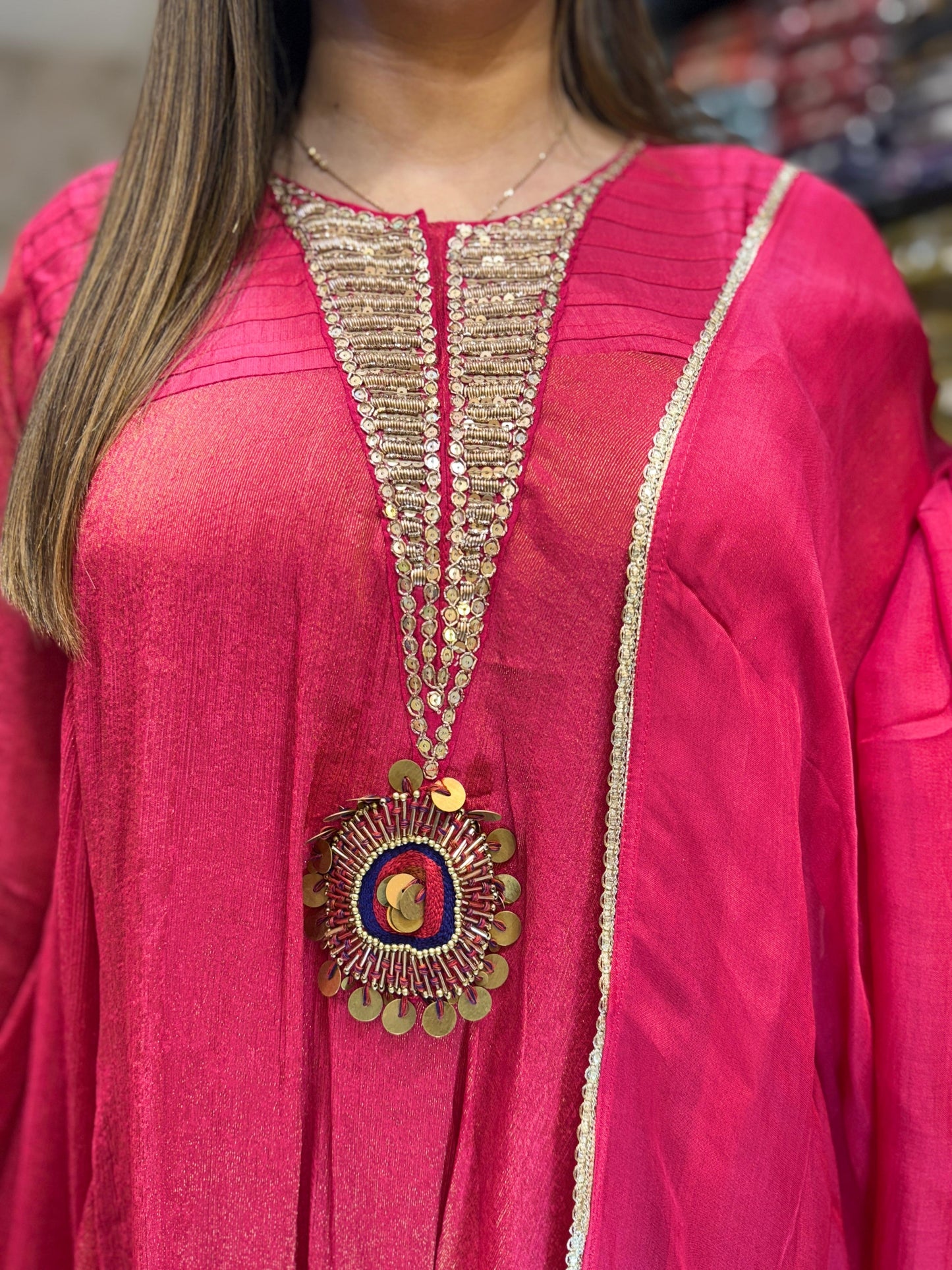 Chinon Tissue Anarkali Red 3pc Set