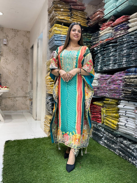 Simmer Tissue Kaftan Firozi 2pc Set