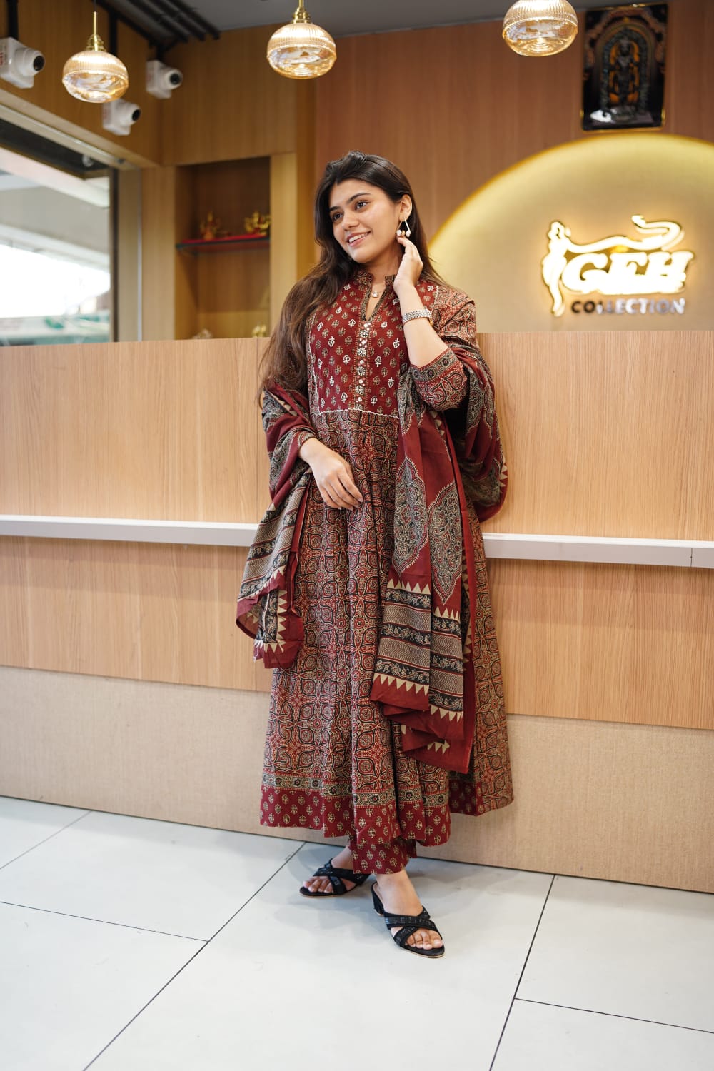 Jaipuri Cotton Maroon Anarkali 3pc Set