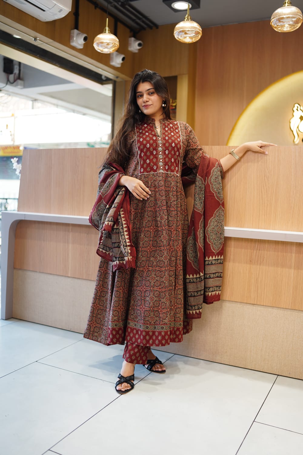 Jaipuri Cotton Maroon Anarkali 3pc Set