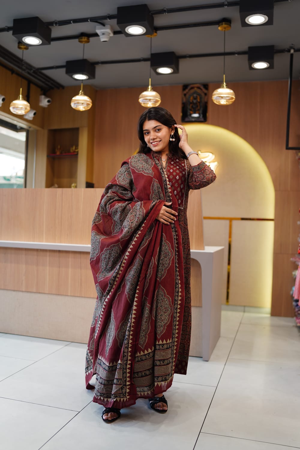 Jaipuri Cotton Maroon Anarkali 3pc Set