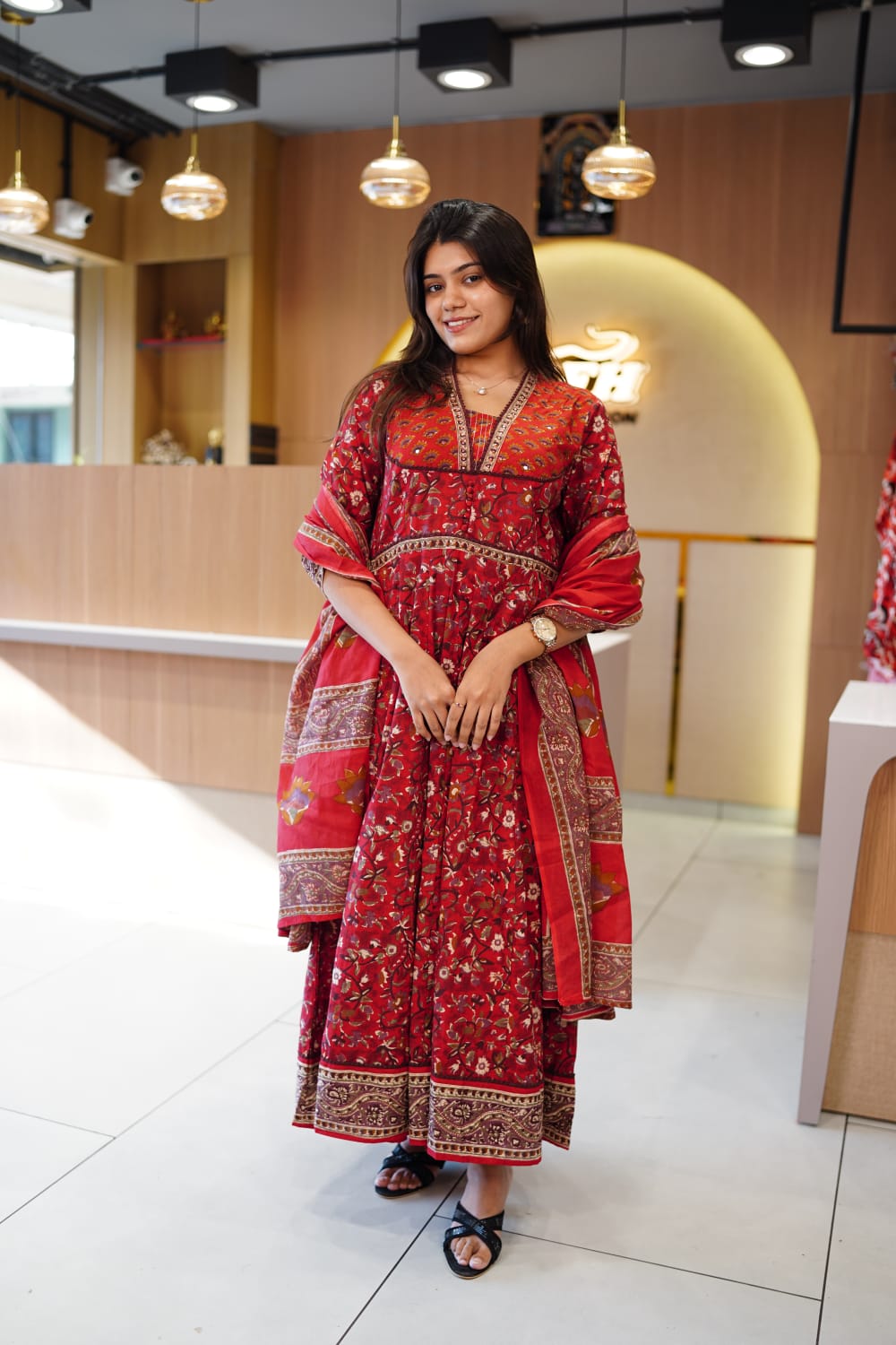 Jaipuri Cotton Red Anarkali 3pc Set