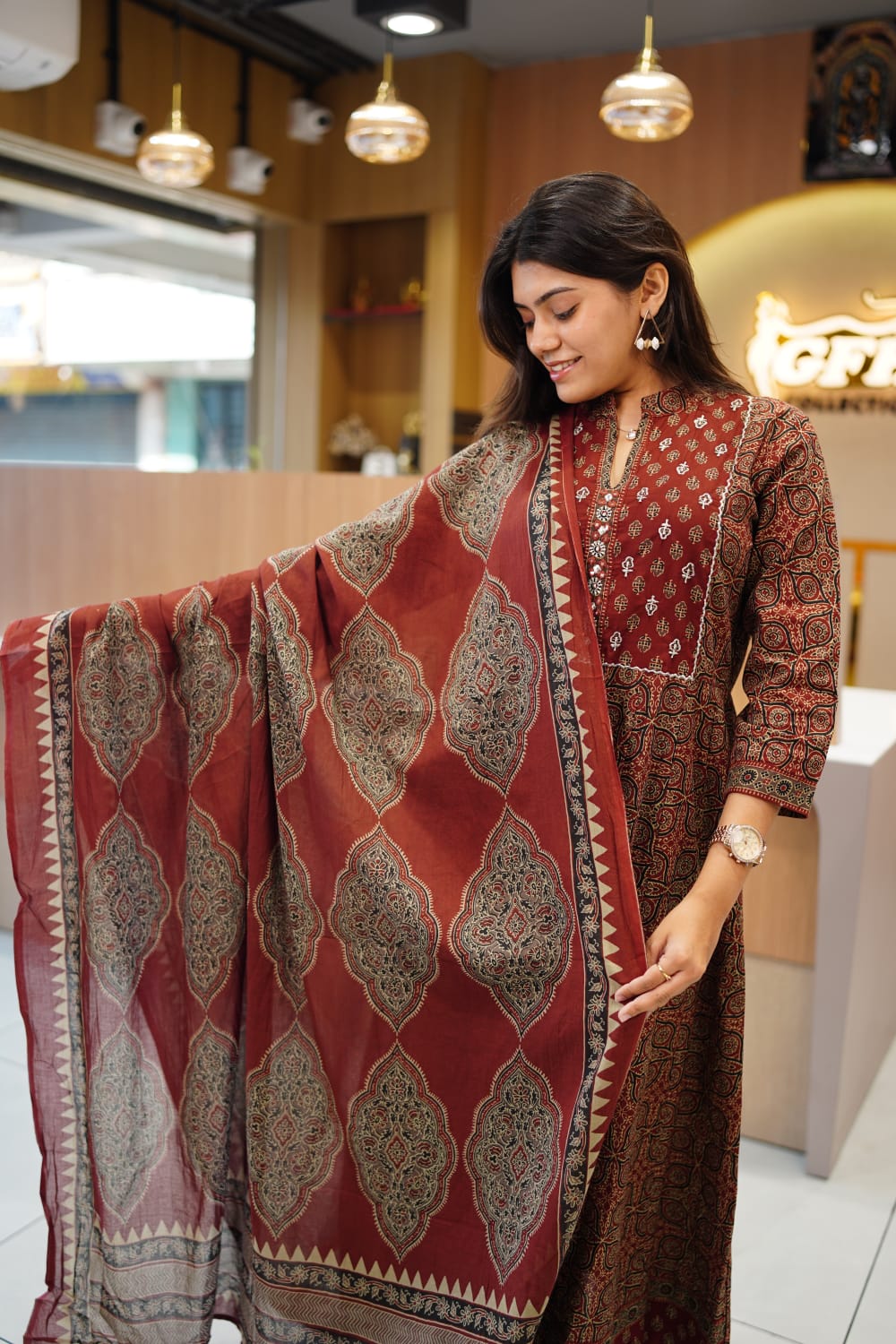 Jaipuri Cotton Maroon Anarkali 3pc Set