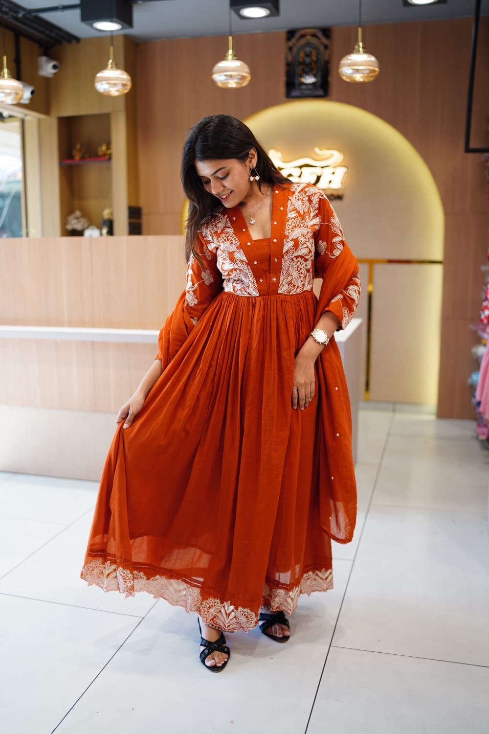 Mull Cotton Anarkali Orange 3pc Set