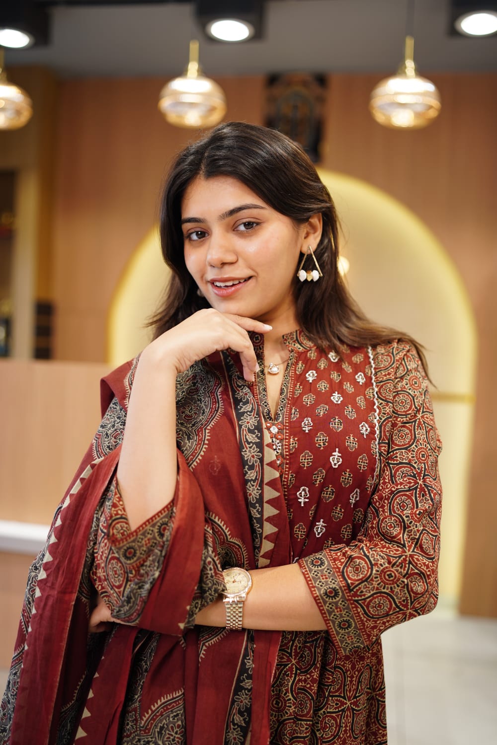 Jaipuri Cotton Maroon Anarkali 3pc Set