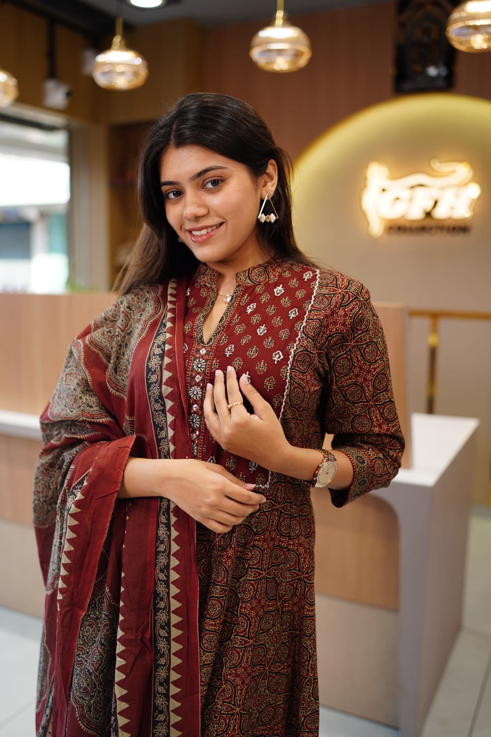 Jaipuri Cotton Maroon Anarkali 3pc Set