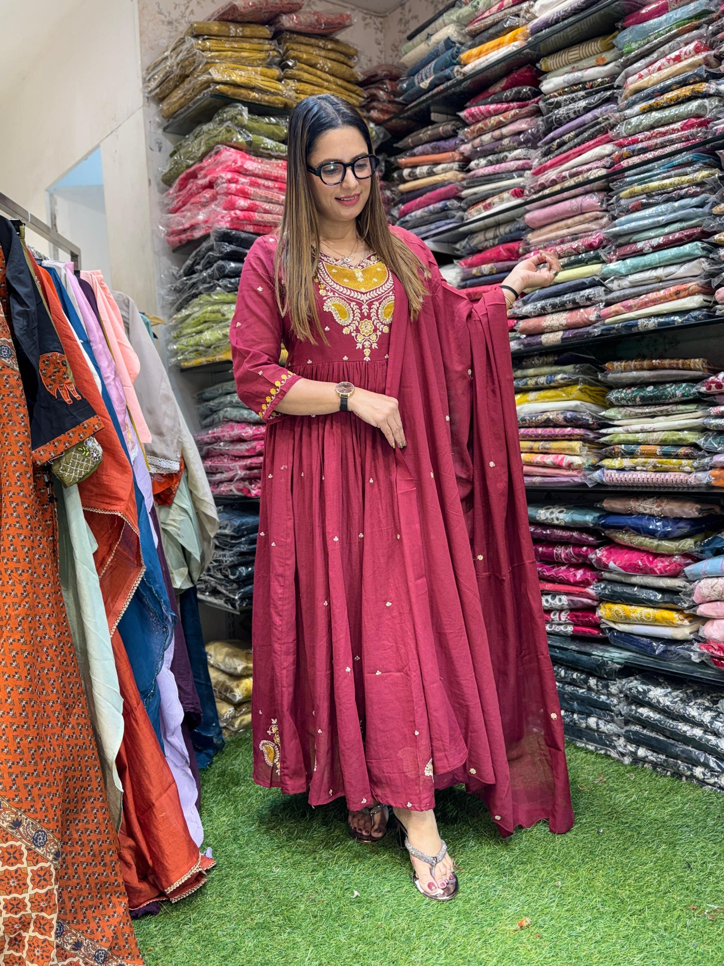 Mull Cotton Maroon Anarkali 3pc Set