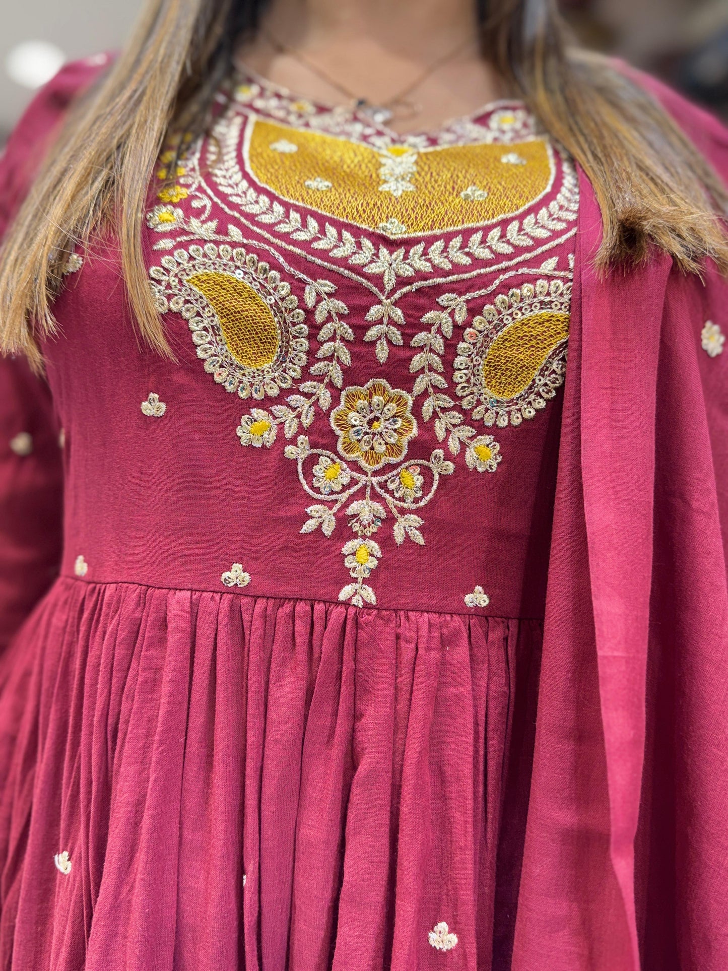 Mull Cotton Maroon Anarkali 3pc Set