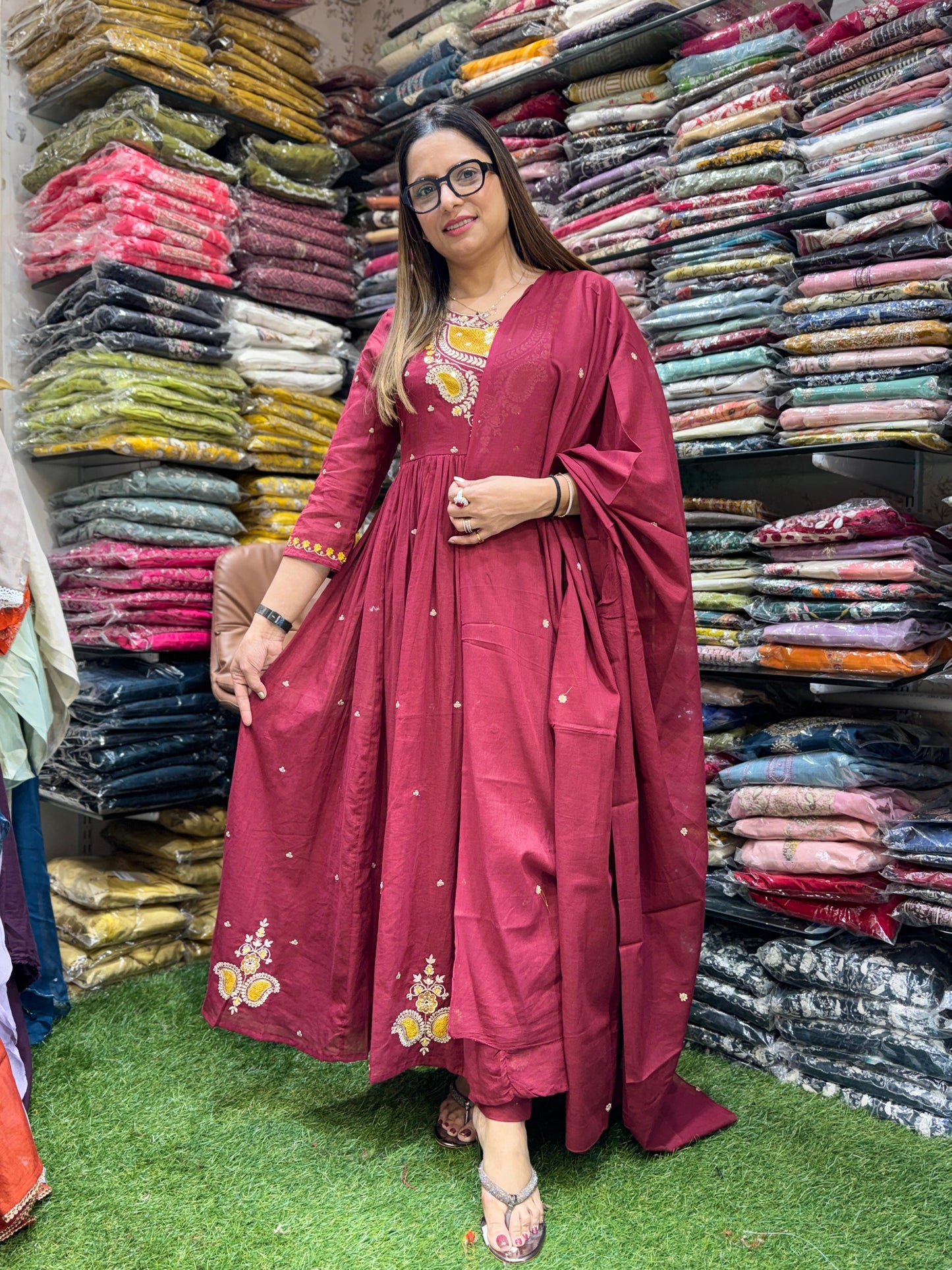 Mull Cotton Maroon Anarkali 3pc Set