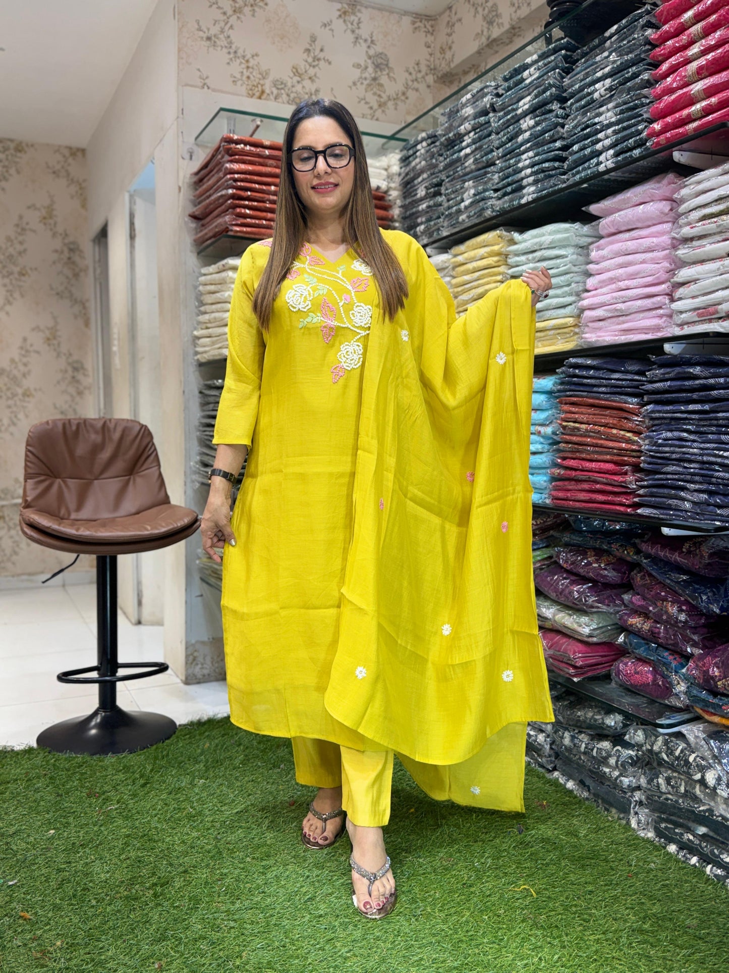 Mull Chanderi Yellow 3pc Set