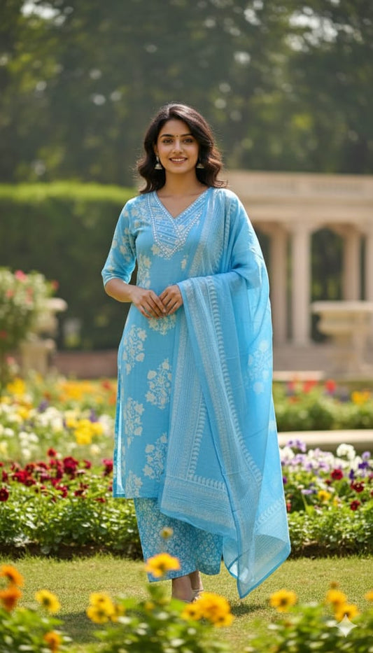 Jaipuri Cotton Sky Blue 3pc Set